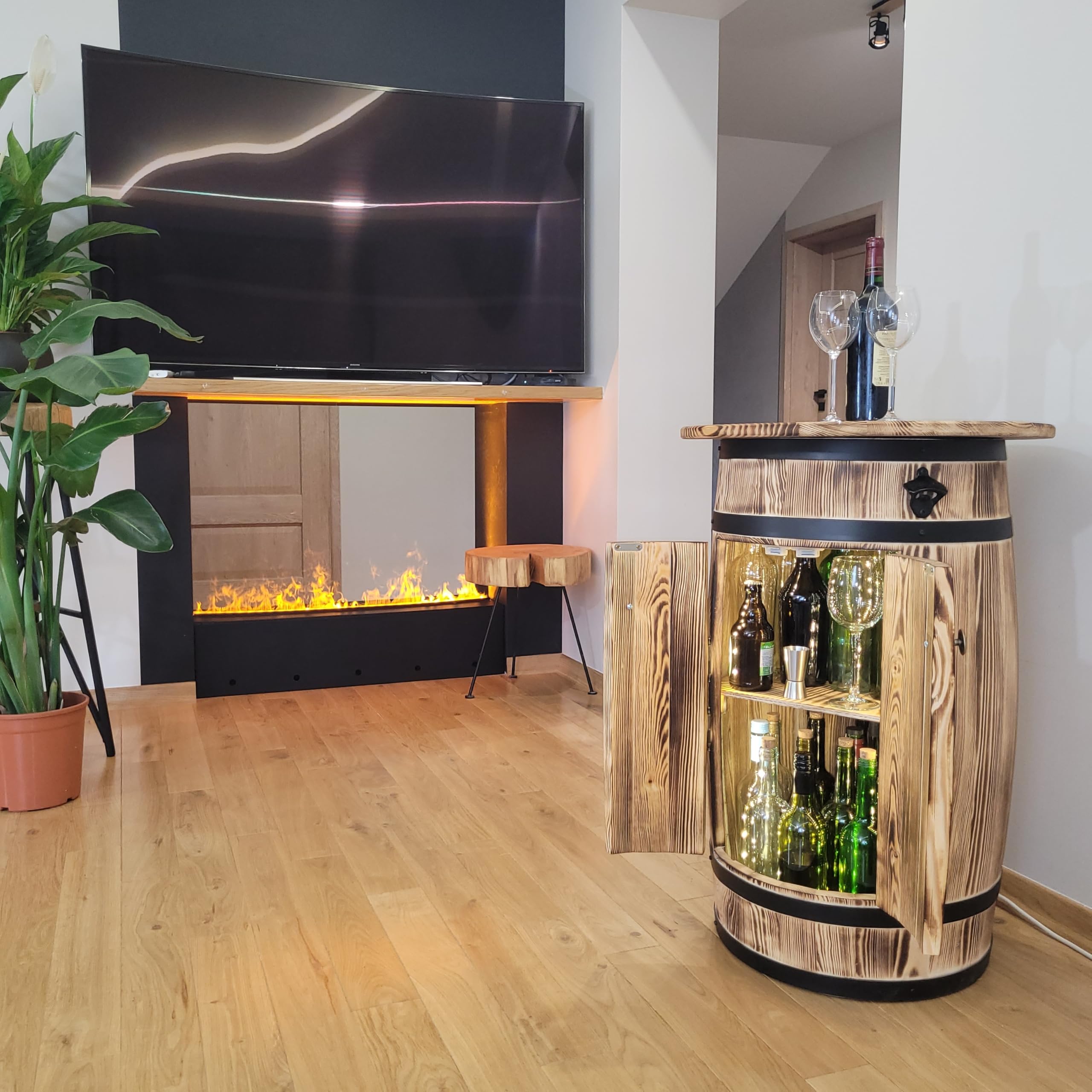 weeco Holzbarfass mit Ablage und LED-Beleuchtung für Alkohol und Gläser – rustikaler Stil, mit Türen und Flaschenöffner, handgefertigt aus Kiefernholz 80x55x40