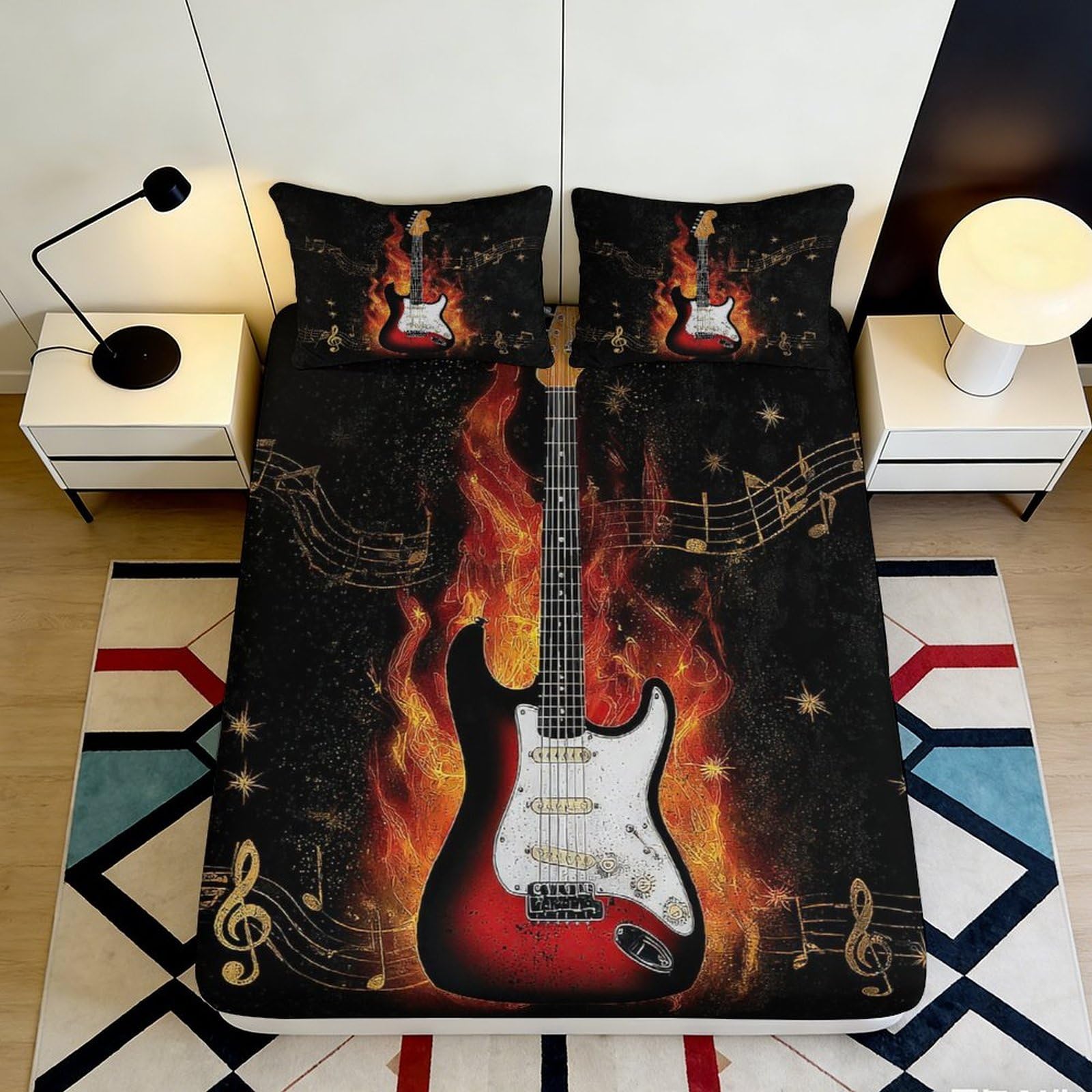 3D Printed Flaming Electric Guitar Fitted Sheet Microfiber Soft Anti-Slip Musical Notes Bed Cover for Bedroom Dorm 160x200x25cm