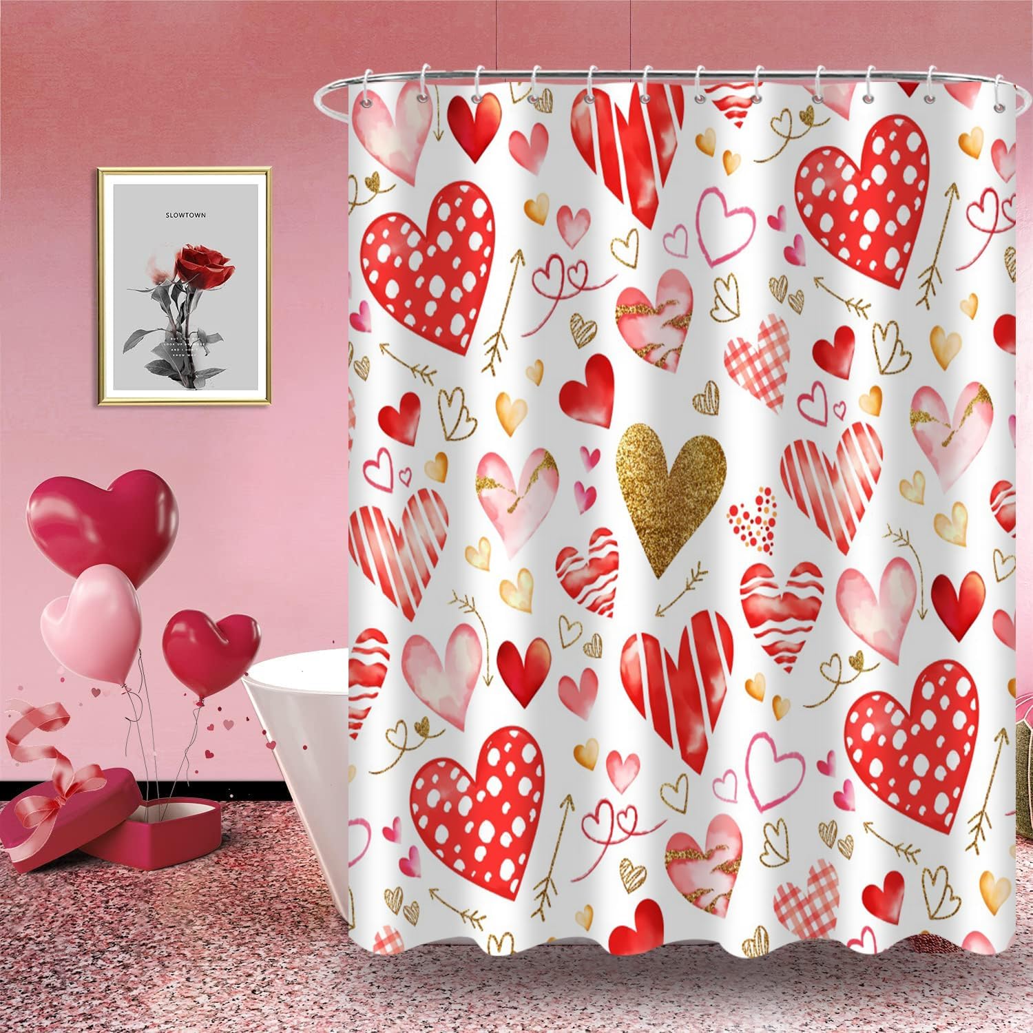 Caheansi Valentine's Day Shower Curtain, Red and Gold