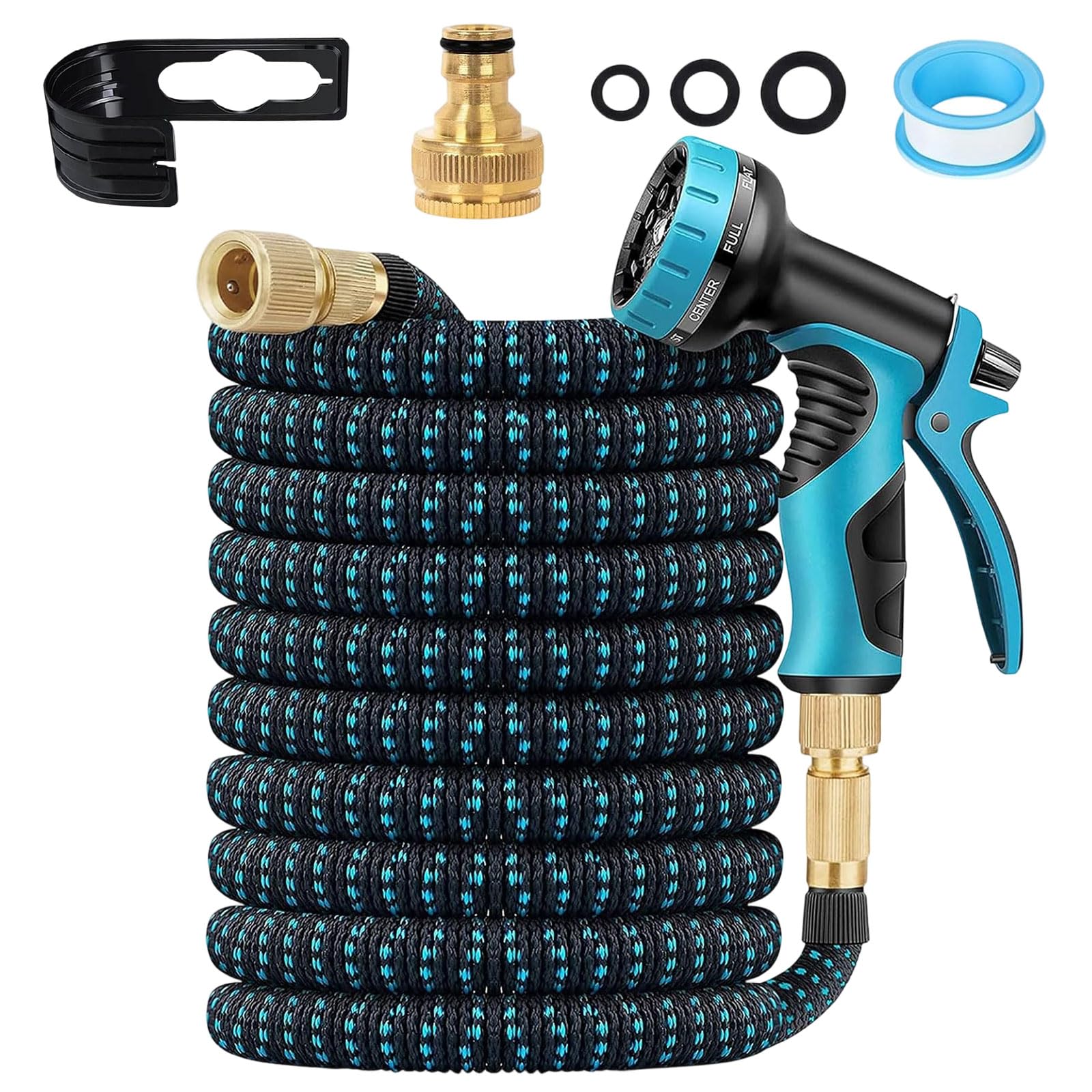 Tuyau Arrosage Extensible 30M, Tuyaux D'arrosage Embout 10 Modes Pistolet, 3/4" 1/2" Raccord Adaptateur Robinet Cuisine, Latex Triple Épaisseur Durable avec Raccords en Métal et Sac (100TF)
