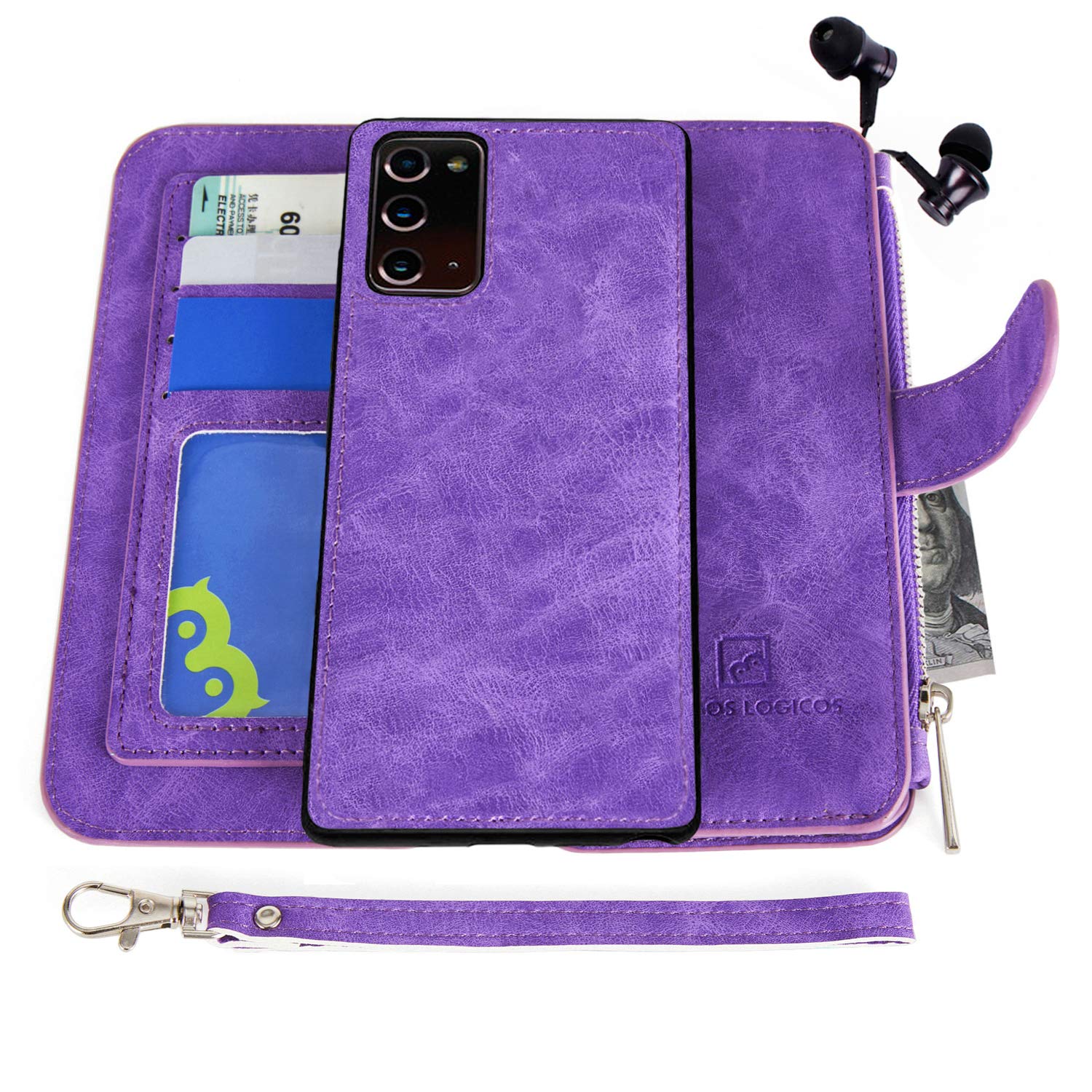 MODOS LOGICOS Case for Samsung Galaxy Note 20, [Detachable Wallet Folio][2 in 1][Zipper Cash Storage][14 Card Slots 1 Photo Window] PU Leather Purse with Removable Inner Magnetic Case - Purple