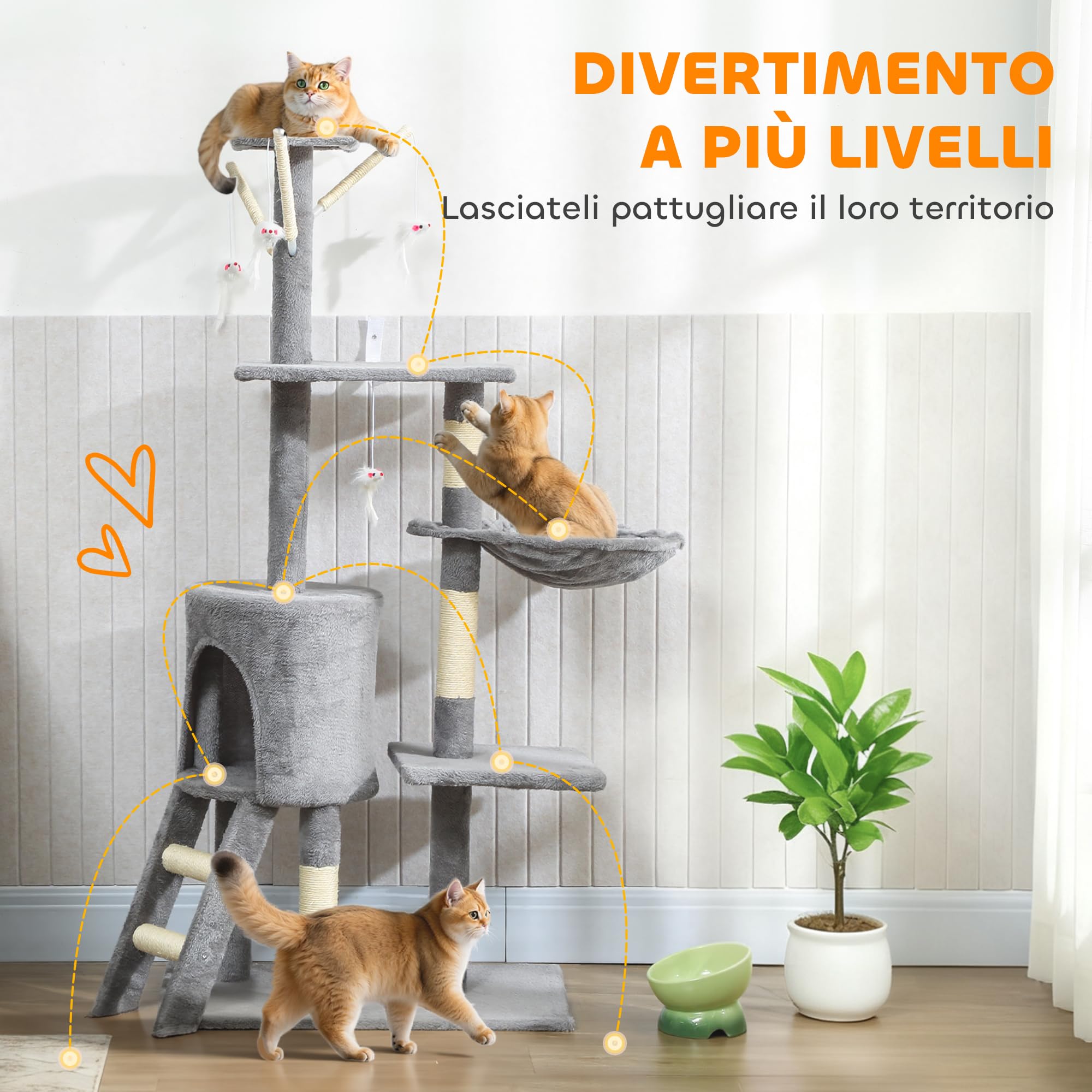PawHut Tiragraffi per Gatti con Casetta e Trespolo 60x35x134 cm Grigio | Piattaforme, 4 Topolini Appesi, Torre per Gatti, Truciolato, Peluche, Sisal