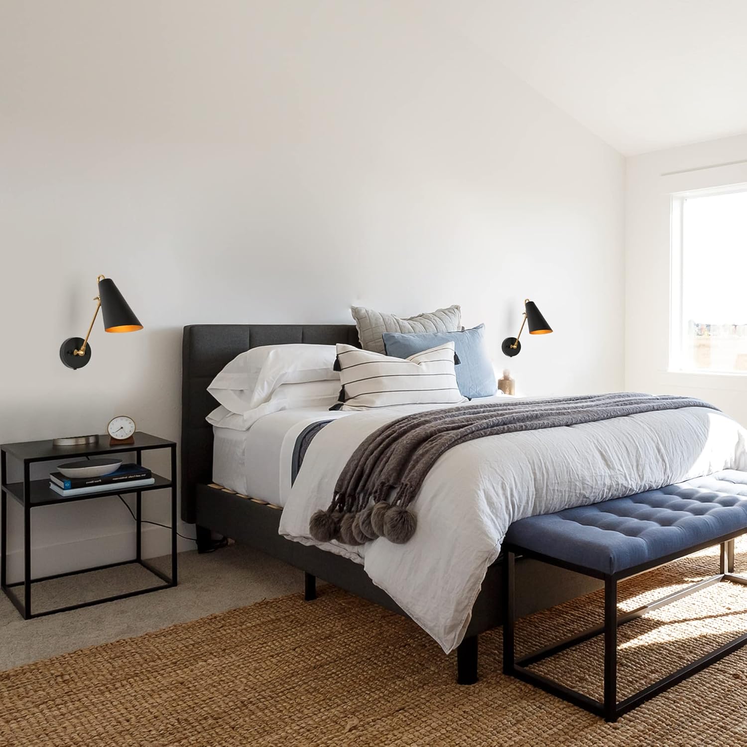 ZEVNI Modern Swing Arm Wall Lamp, Plug in Wall Sconce with Slant-Cut Metal Shade, Black Gold Sconces Wall Lighting