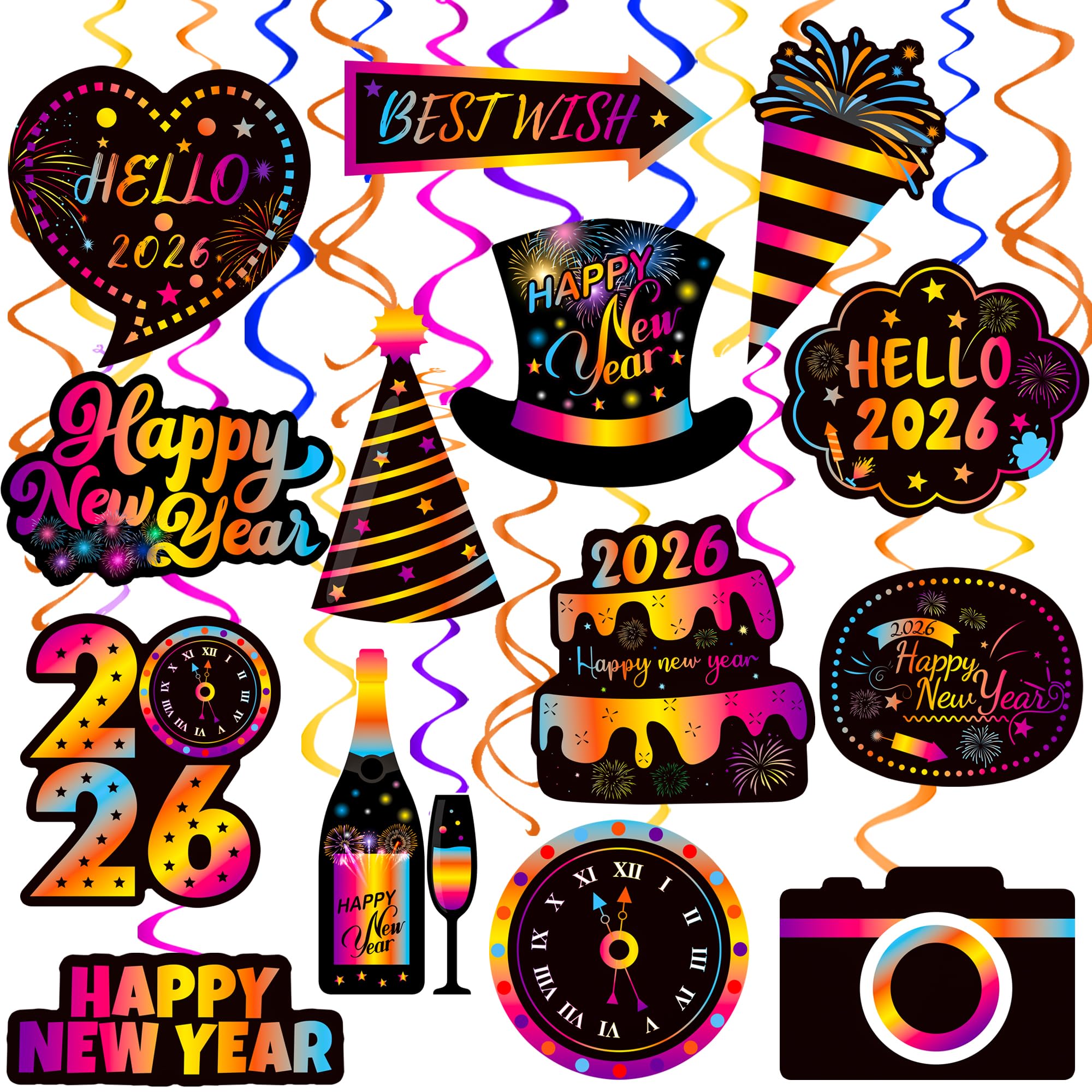 2026 New Year Party Decoration Swirls Streamer 2026 New Years Eve Party Supplies 20pcs Happy New Year Hanging Swirls Decorations for 2026 Home Decor Happy Hanging Decorations