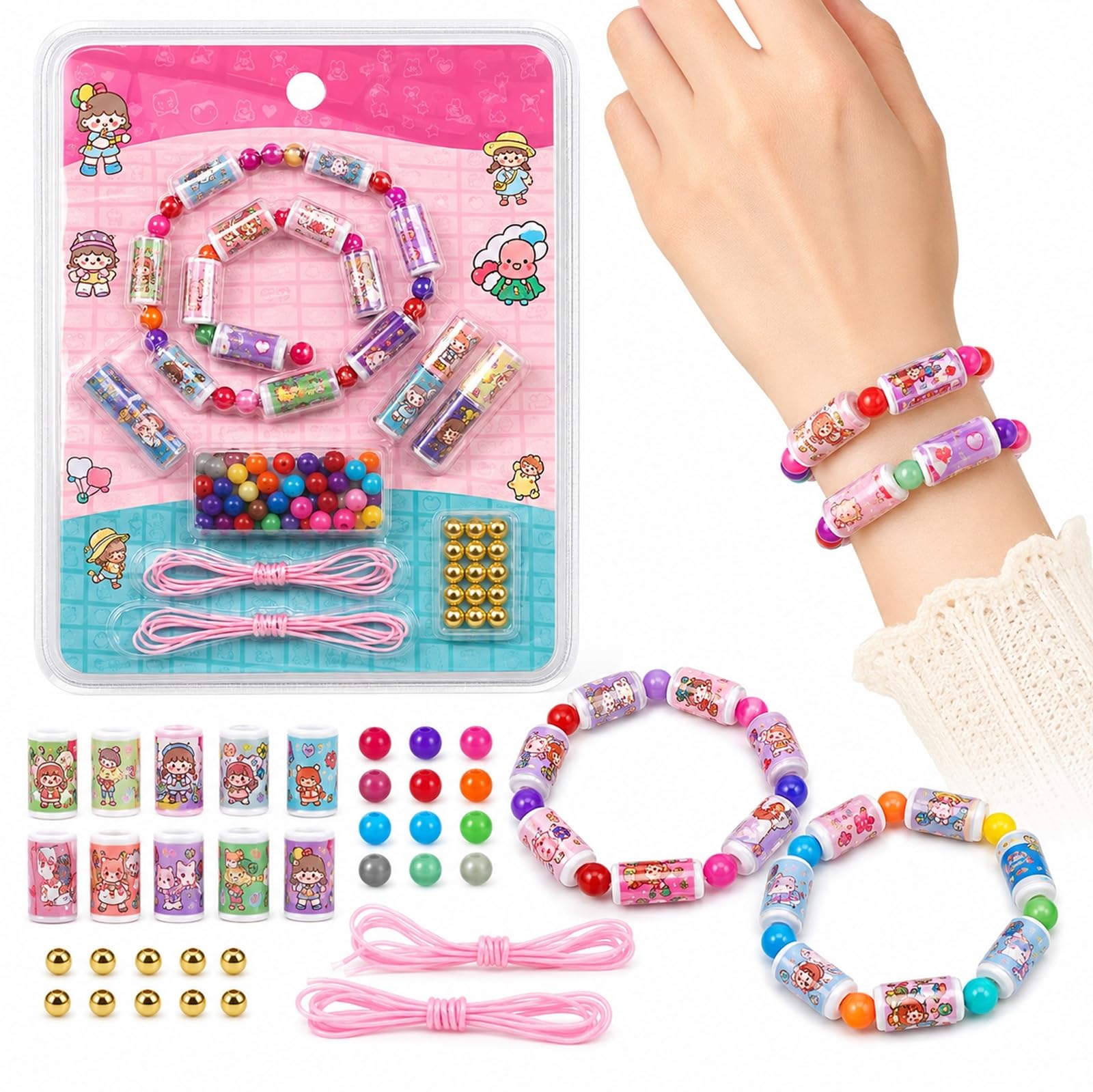 140PCS Mini Holographic Stickers,2PCS Pendants,2PCS Friendship Bracelets