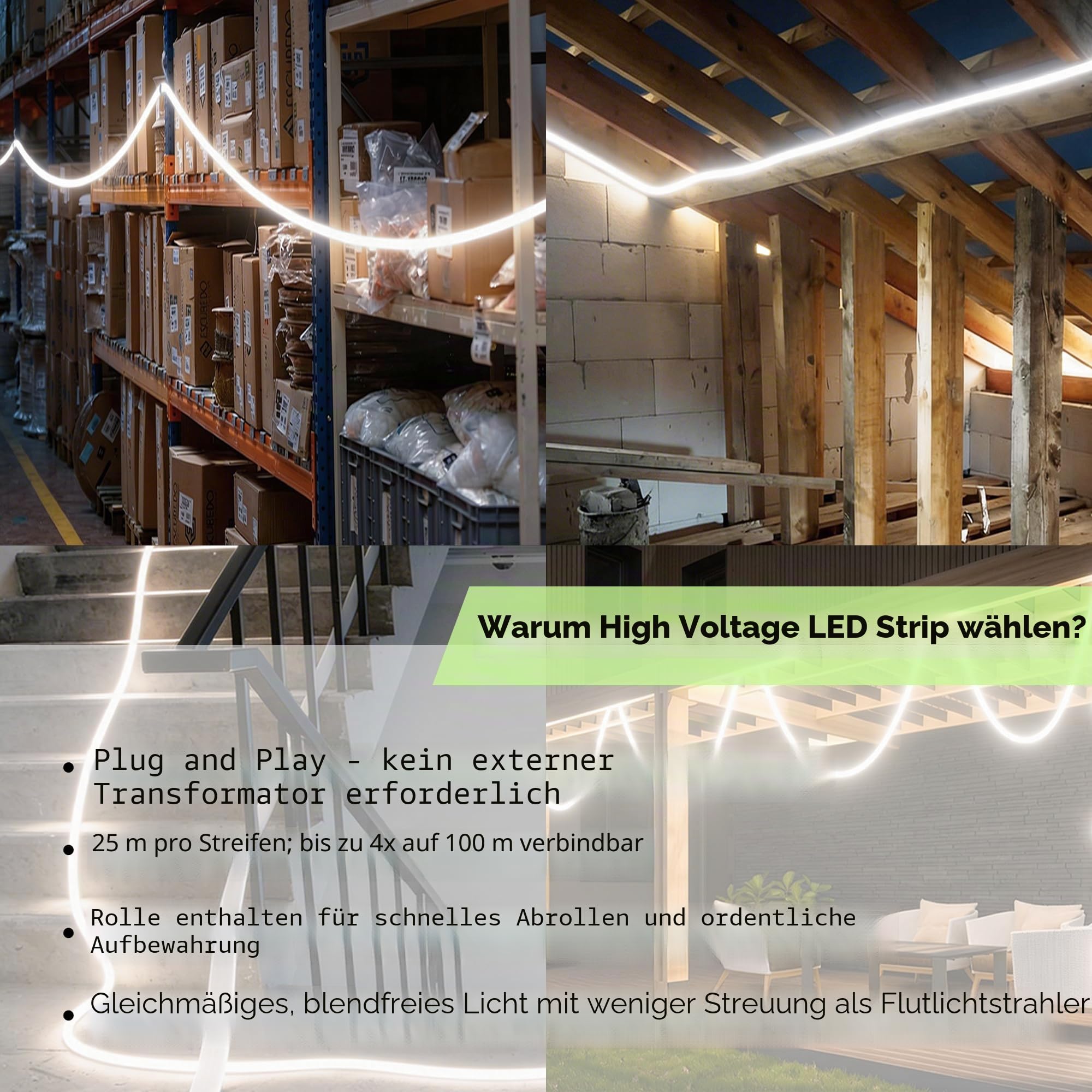 auralab AC LED Kabeltrommel 25m, 25.000 Lumen Superhell 4000K, IP65 Temporäre LED Streifen Baustellenbeleuchtung, Koppelbar bis zu 100m, LED Streifen mit Trommel mit 10 S-Haken & 10 Riemen