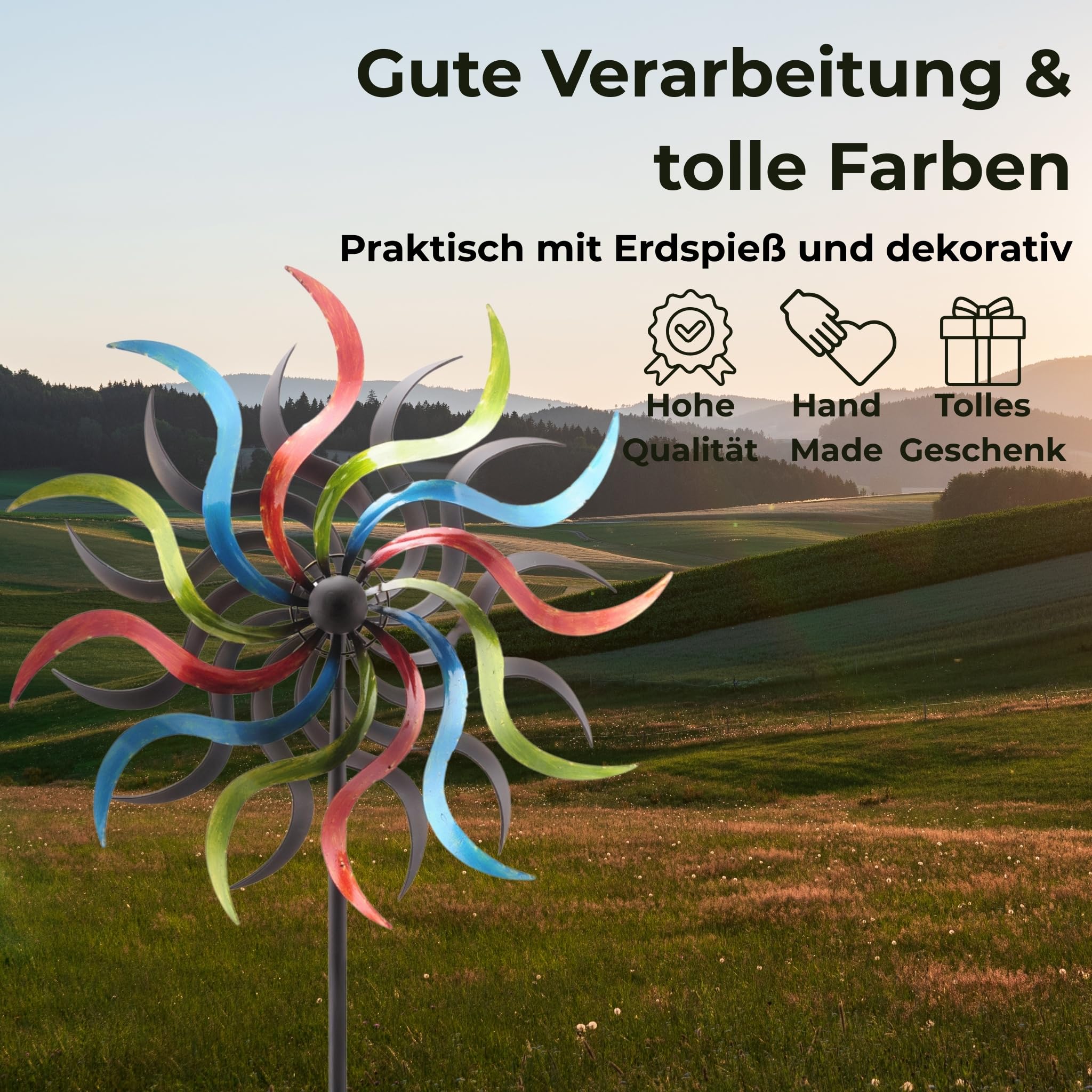 matches21 HOME & HOBBY Großes Windrad Metall 185 cm, wetterfeste Frühlings Garten-deko in Sonnenstrahlform - Bunte Windmühle