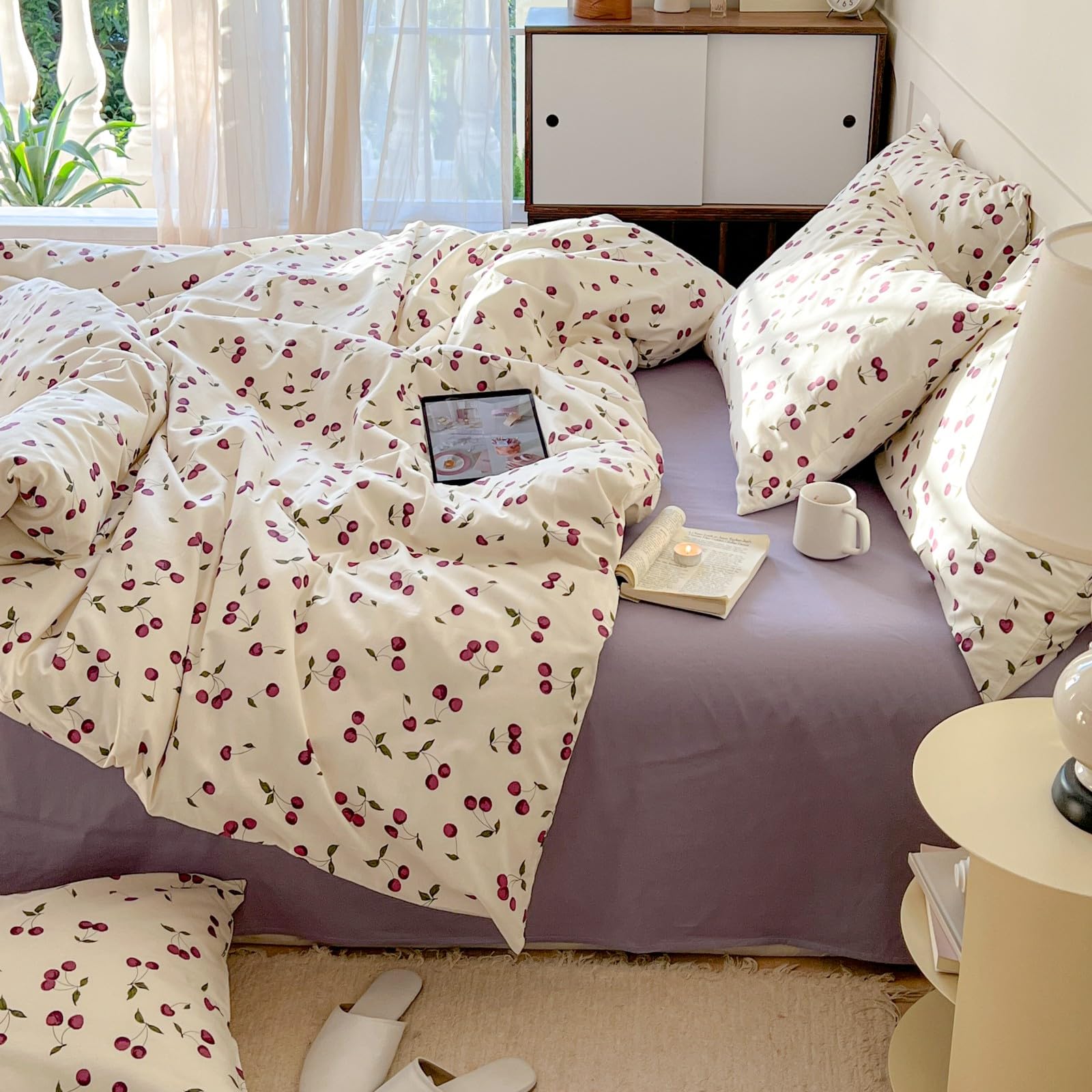 AOJIM - Cherry Print Duvet Cover Set 100% Cotton Aesthetic Fruit Pattern Duvet Cover 3 Pieces Duvet Cover (Twin), No Comforter - Image 3