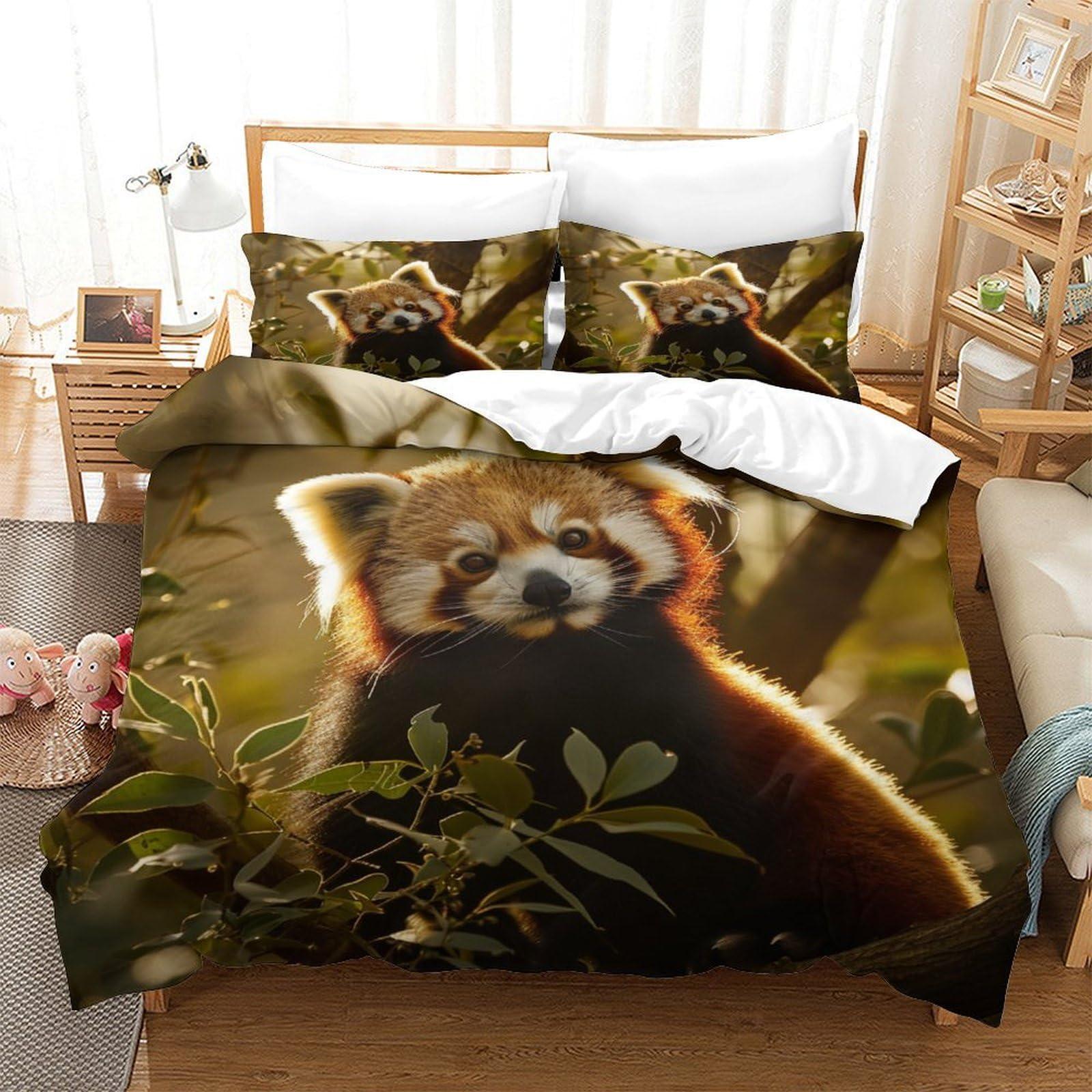 P1S9U7W5Y Forest 3D Printed Red Panda Duvet Cover Set 3pcs Microfiber Nature Red Panda Bedding Set Double（200x200cm）