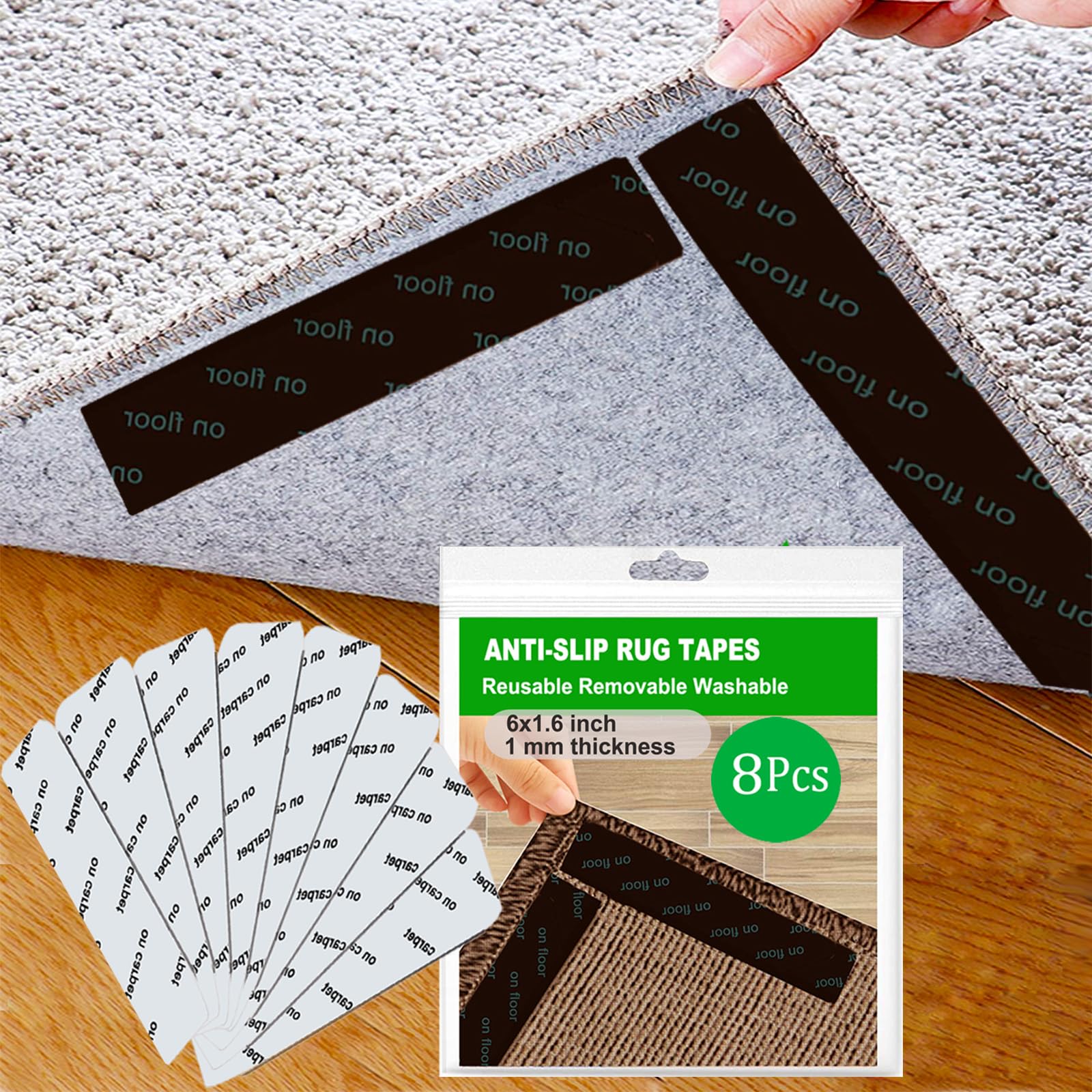 Wpunwen Rug Tape 8 Pcs Carpet Gripper for Hardwood Floors Non Slip Rug Pad Grippers Rug Stickers Never Curl Rug Corner Gripper Rug Stoppers to Prevent