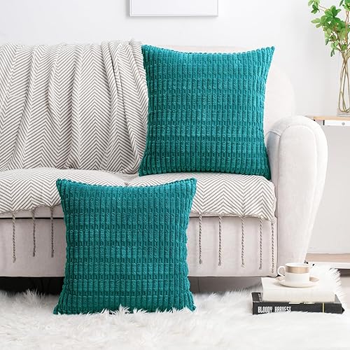 Miniatura 6 de HWY 50 Juego de 2 fundas de cojín decorativas de pana verde azulado de 16 x 16 pulgadas, fundas de cojín bohemias a rayas suaves para sofá, cama y