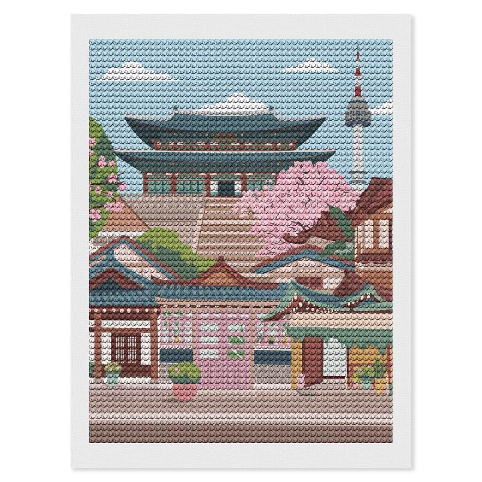 Junmoney Seoul Cityscape with Traditional Architecture Round Drill Diamond Painting 12"x16", for Adults, Creative Leisure Activity, Office Decor, Holiday Gift Idea
