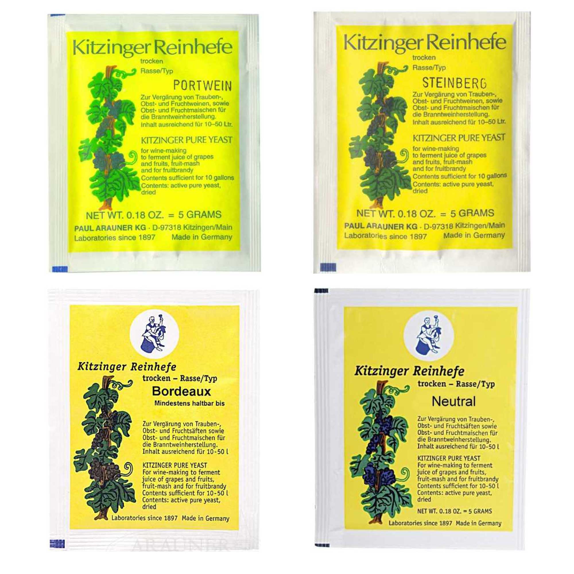 Arauner Kitzinger Weinhefe Bundle Portwein, Steinberg, Neutral und Bordeaux 4 Stück Hefe für die Weinherstellung Wein selber machen