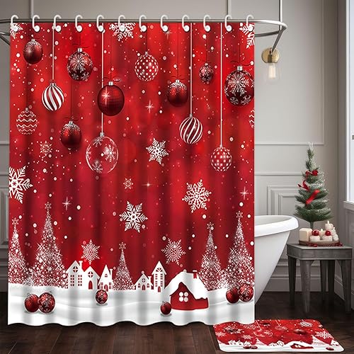 Miniatura 6 de Capoda Juego de 4 cortinas de ducha de baño, cortina de baño de Navidad con 12 ganchos, alfombras de baño antideslizantes, cubierta de tapa de