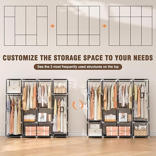 Miniatura 5 de Armario portátil de 66 pulgadas para colgar ropa, organizador de ropa de gran capacidad con cubierta, 4 varillas para colgar, 8 estantes de
