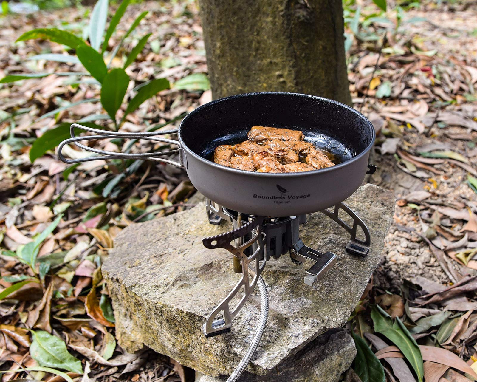 Boundless Voyage A-Ti2067C - Sartén antiadherente de titanio con mango plegable, revestimiento de cerámica, para exteriores, camping, picnic, senderismo, barbacoa, utensilios de cocina
