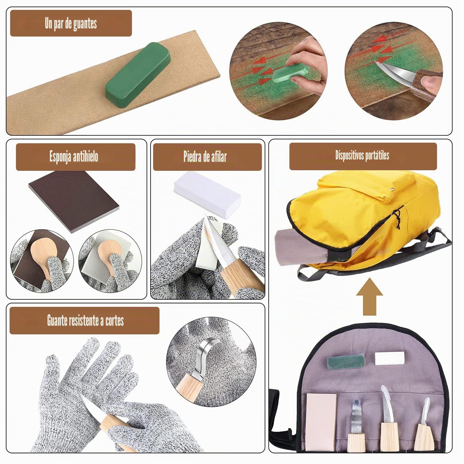 HOSPAOP Juego de 21 herramientas para tallar madera, juego de tallado de madera para adultos y niños, juego de tallado con piedra de afilar y guantes resistentes a los cortes