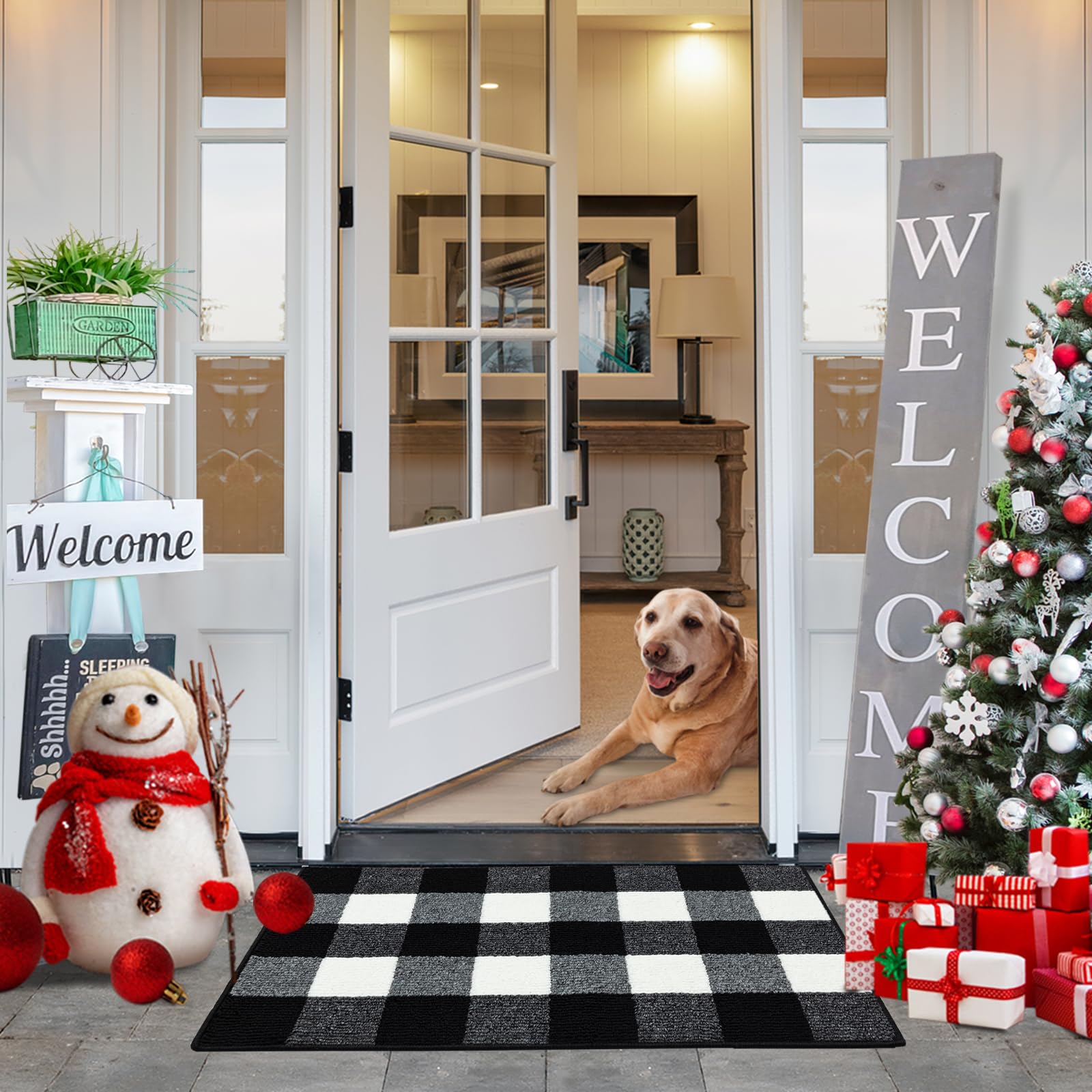 FONEYI Buffalo Plaid Outdoor Rug, 20"x32" Checkered Front Door Mat, Non Slip Absorbent Entryway Rug Doormat Indoor, Washable Outdoor Rugs for Layered Door Mats Front Porch/Farmhouse Black and White