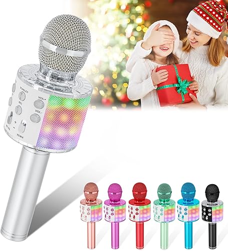 Verkstar - Micrófono inalámbrico para karaoke, altavoz de karaoke Bluetooth micrófono de juguete para niños y adultos cumpleaños con luces LED y