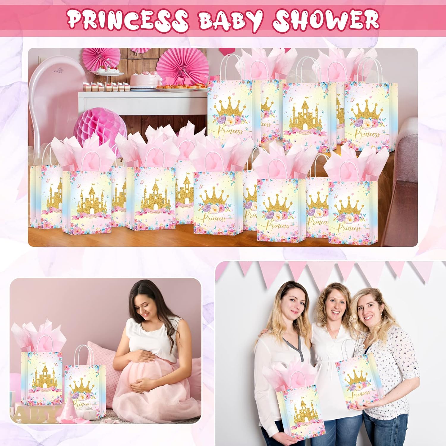 Nezyo 16 Pcs Princess Prince Party Favor Bags with Handles & Tissue Paper Prince Princess Candy Treat Goodie Gift Bags for Birthday Baby Shower Party Favors(Pink Crown and Castle) - Image 7