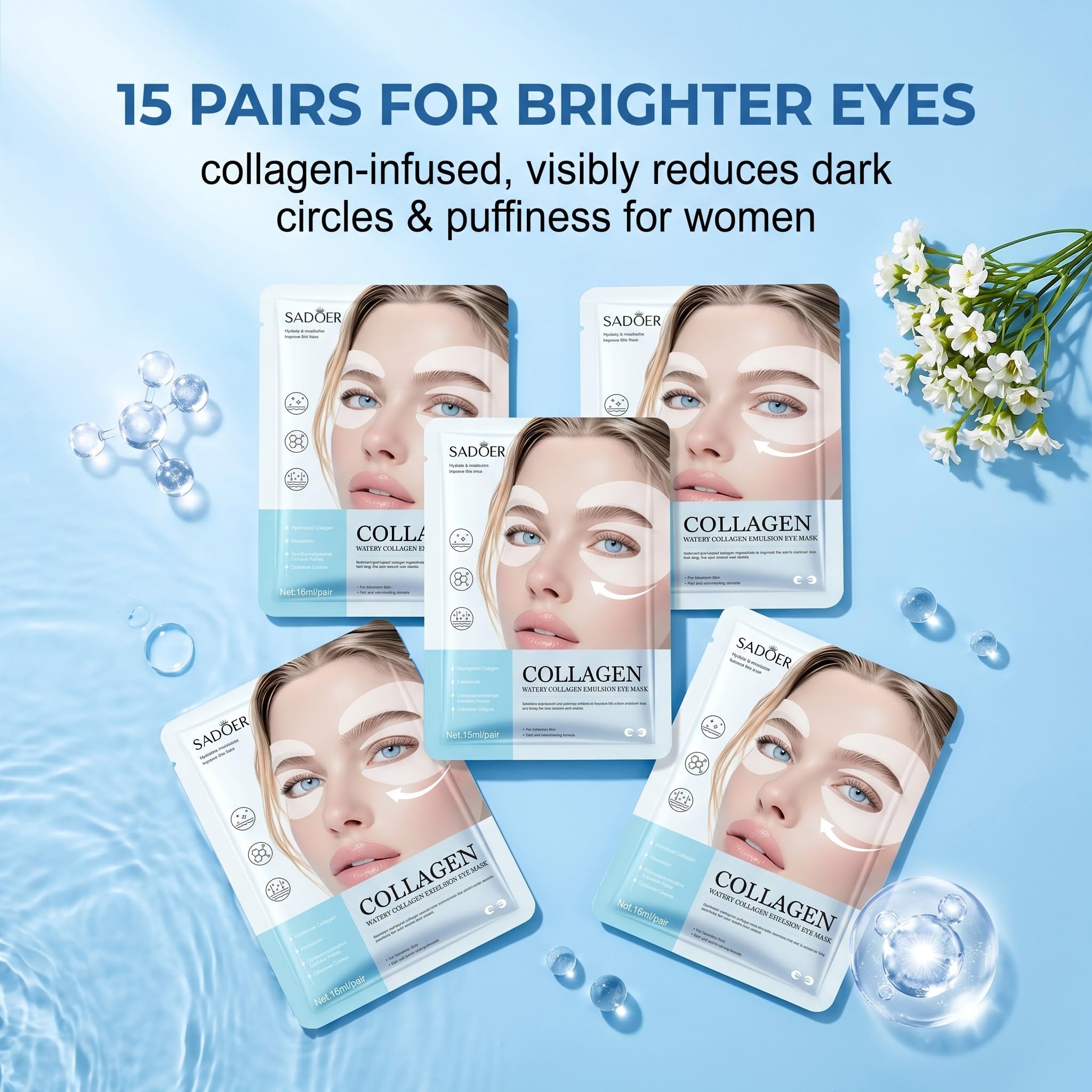 15 Paia Patch Occhi al Collagene per Occhiaie e Borse, Maschera Occhi Idratante e Defaticante per Donna, Trattamento Contorno Occhi con 18ml di Essenza, Effetto Illuminante, Trasparente