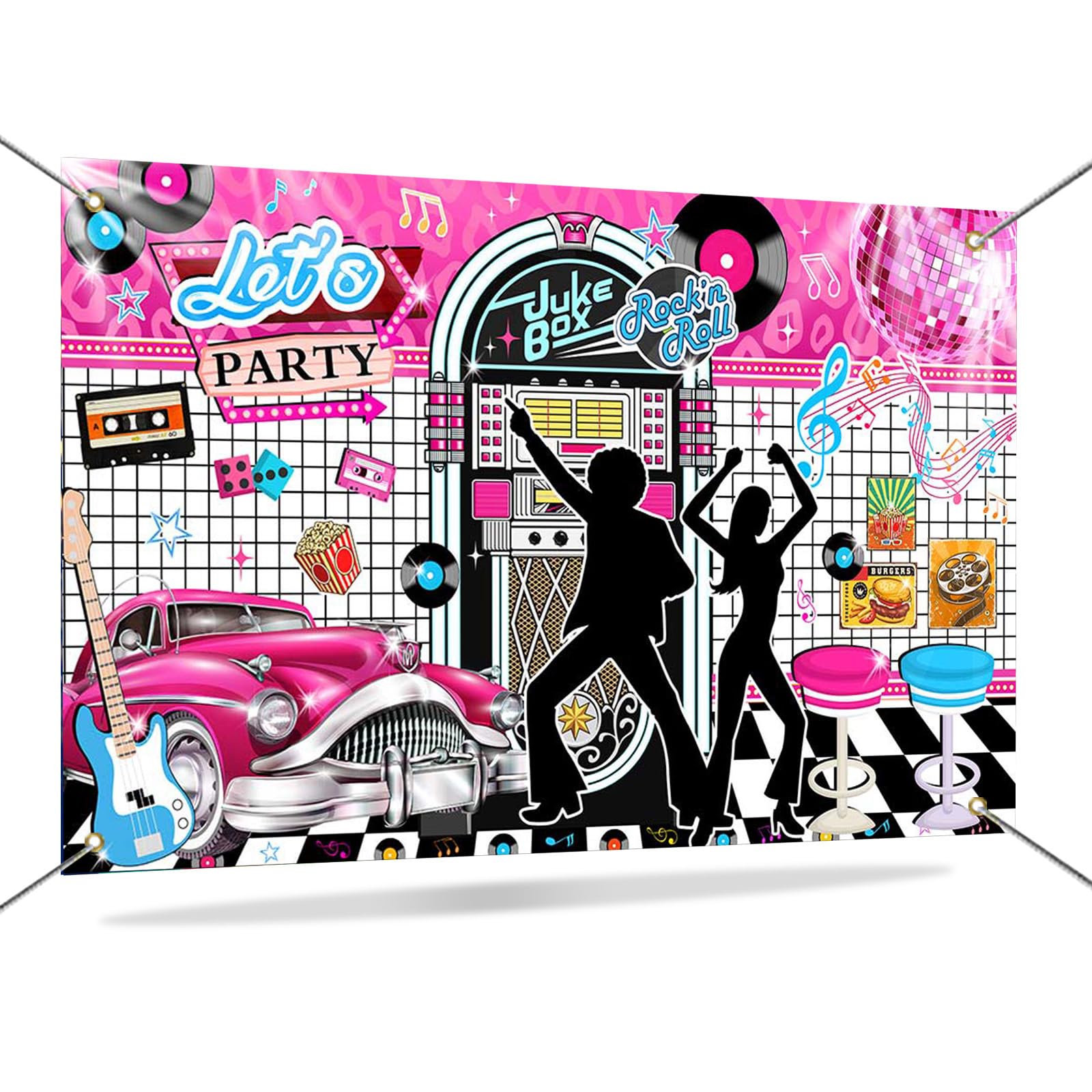 Mocsicka 50s Retro Diner Party Backdrop Rock and Roll 50s Party Decorations Photo Booth Background Back to 1950s Birthday Banner Supplies 72.8 x 43.3