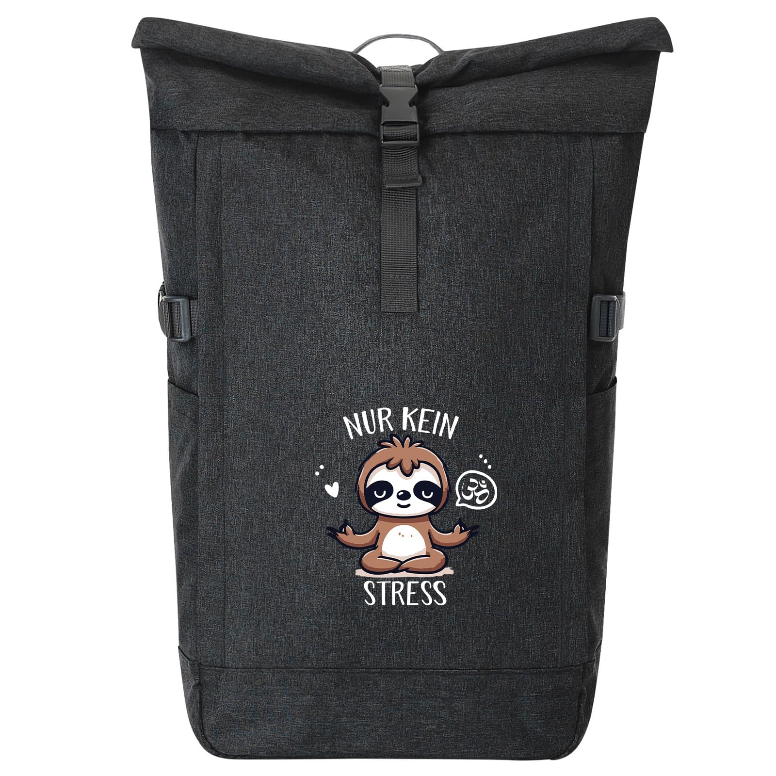 Huuraa Kurierrucksack Nur keinen Stress Yoga Faultier Geschenk | 30-44 Liter Black Melange Fairtrade Rolltop Rucksack Geschenkidee