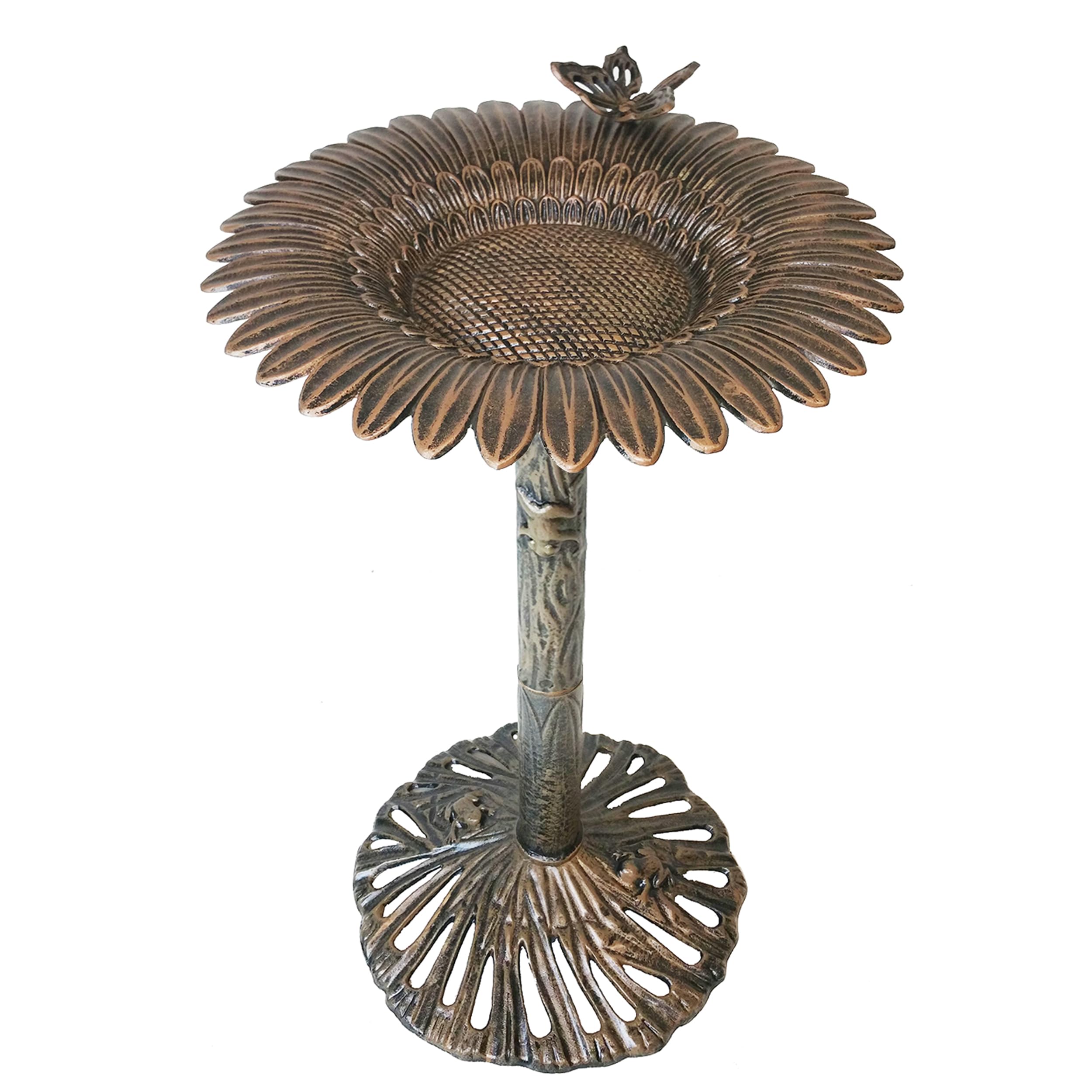 Oakland Living AZ5157-AB Round Cast Aluminum Metal 32 Bird Bath with Butterflies and a Sunflower Birdbath, Standard, Antique Bronze