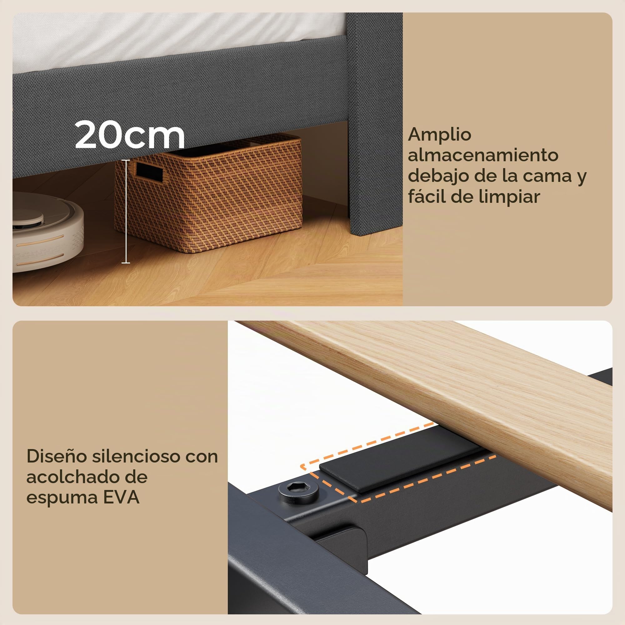 Cama Tapizada 120 x 200 cm, con Cabecero Acolchado y Somier de Lamas de Madera，Espacio bajo la Cama,Montaje Fácil,Cama para Dormitorio de Adultos o Invitados,Gris Oscuro