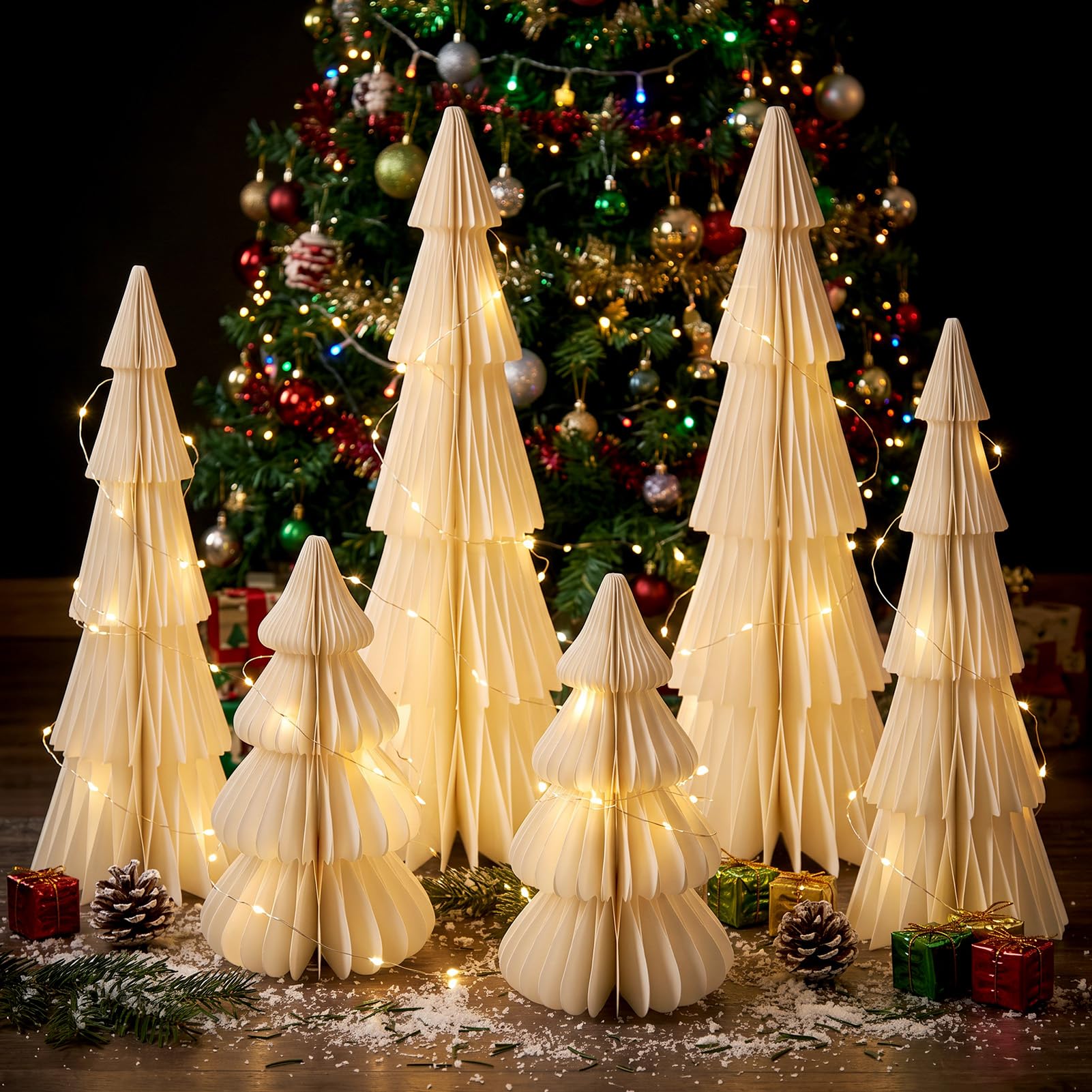 EASY JOY White Honeycomb Paper Christmas Tree Set of 6 with LED Light Strings, 3 Sizes Christmas Trees Table Decor, Vintage Christmas Tree Centerpiece for Home Holiday Shelf Mantel Display — image 1