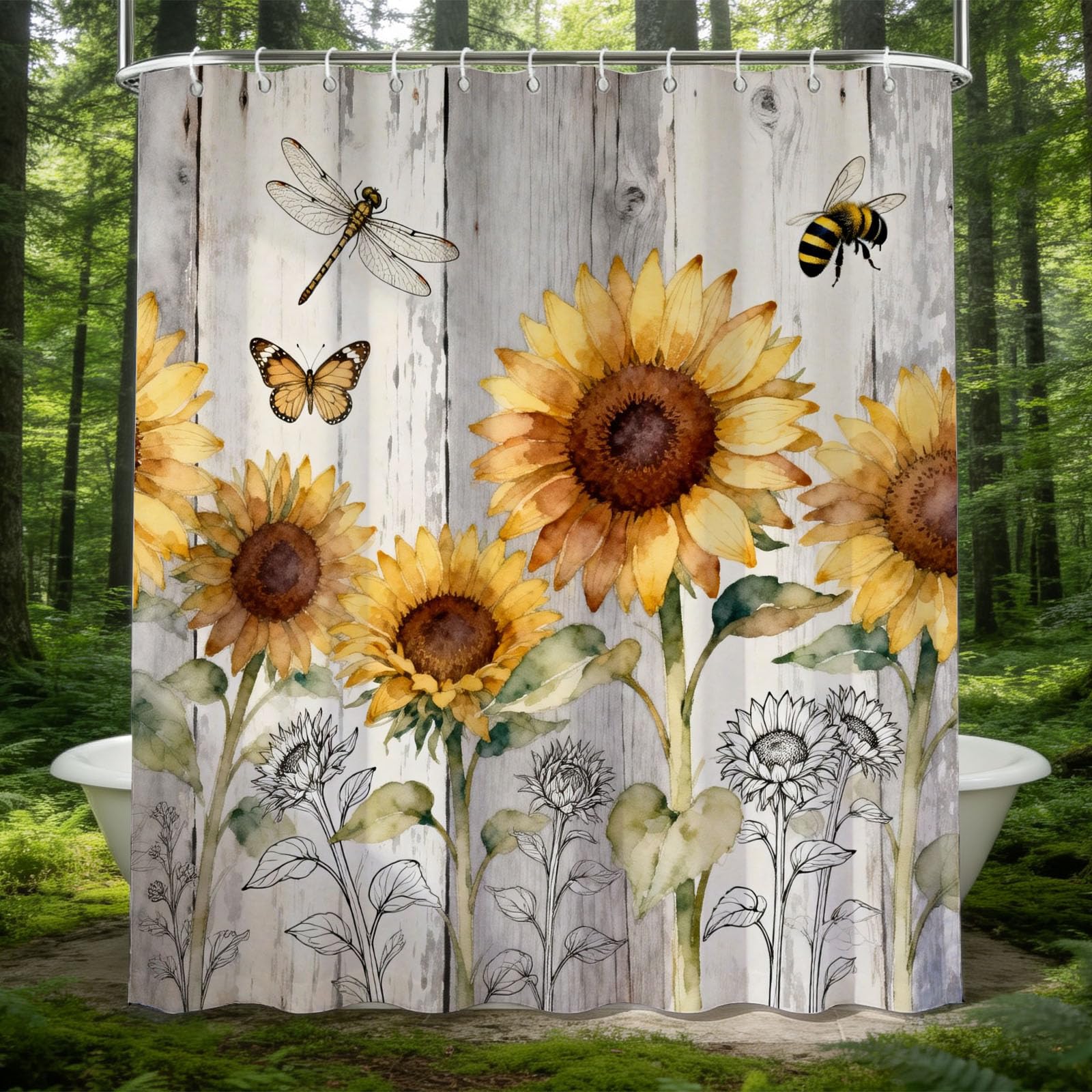 Hongduo 3D Watercolor Sunflowers Shower Curtain for Stalls Bathtubs Dragonfly Bathroom Decor Shower Curtain Set Polyester Fabric Waterproof 180x180cm/71X71 Inch with Hooks