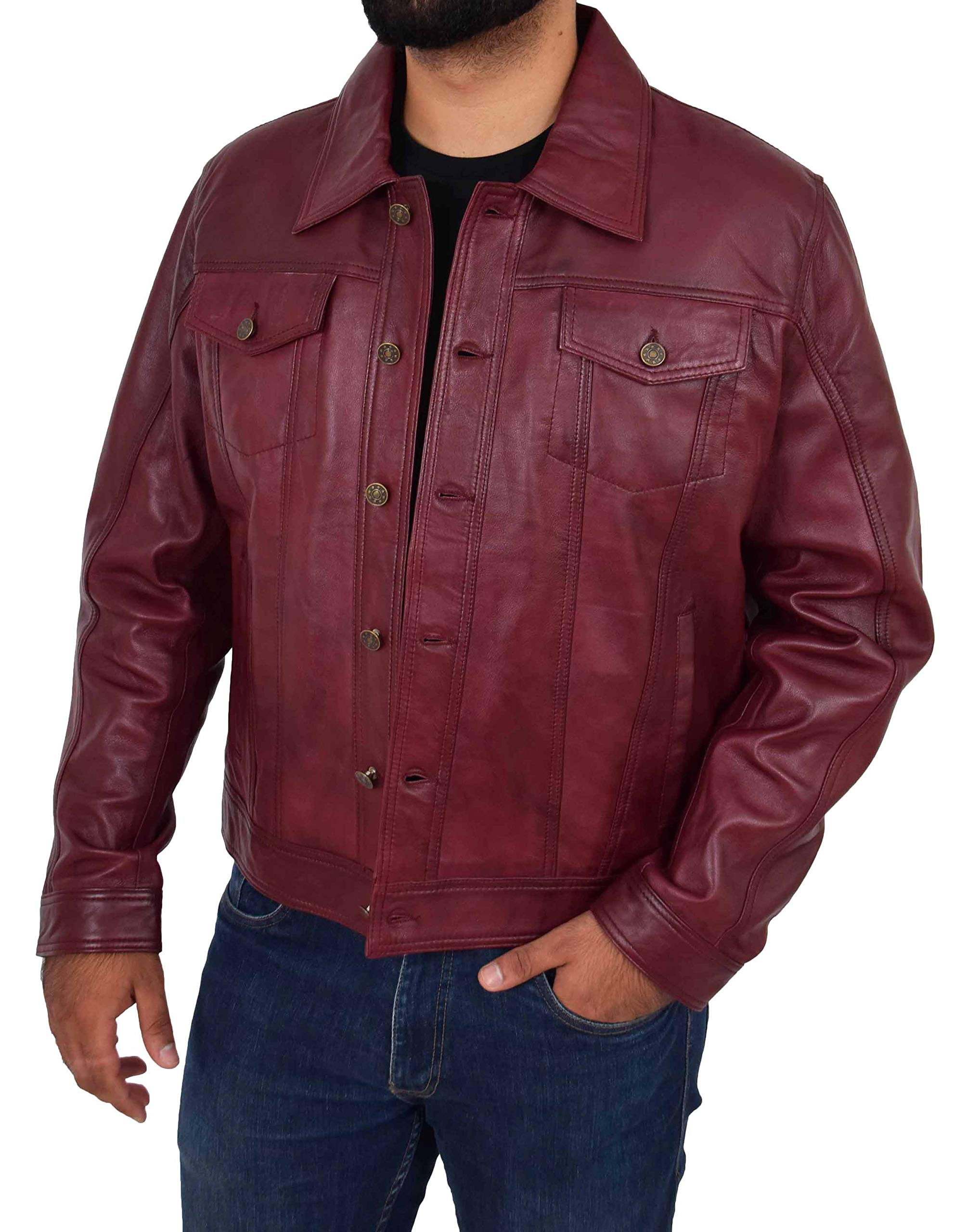Chaqueta de camionero de cuero suave para hombre, abrigo estilo vaquero occidental americano, color burdeos