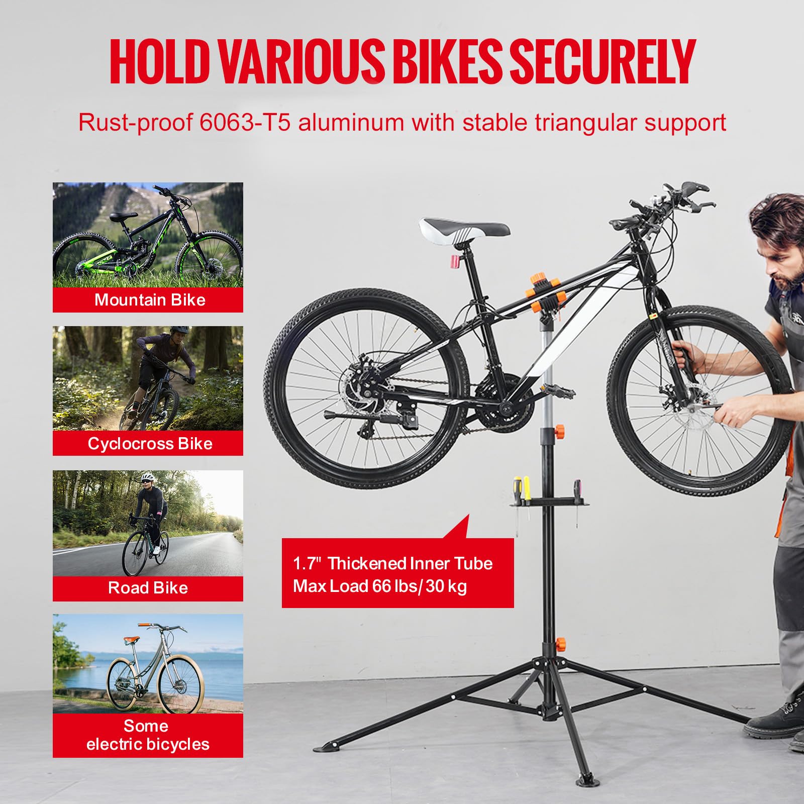 Happybuy Bike Repair Stand, 66 lbs Heavy-Duty Aluminum Bicycle Repair Stand, Adjustable Height with Magnetic Tool Tray, Telescopic Arm, Foldable for Home and Shops