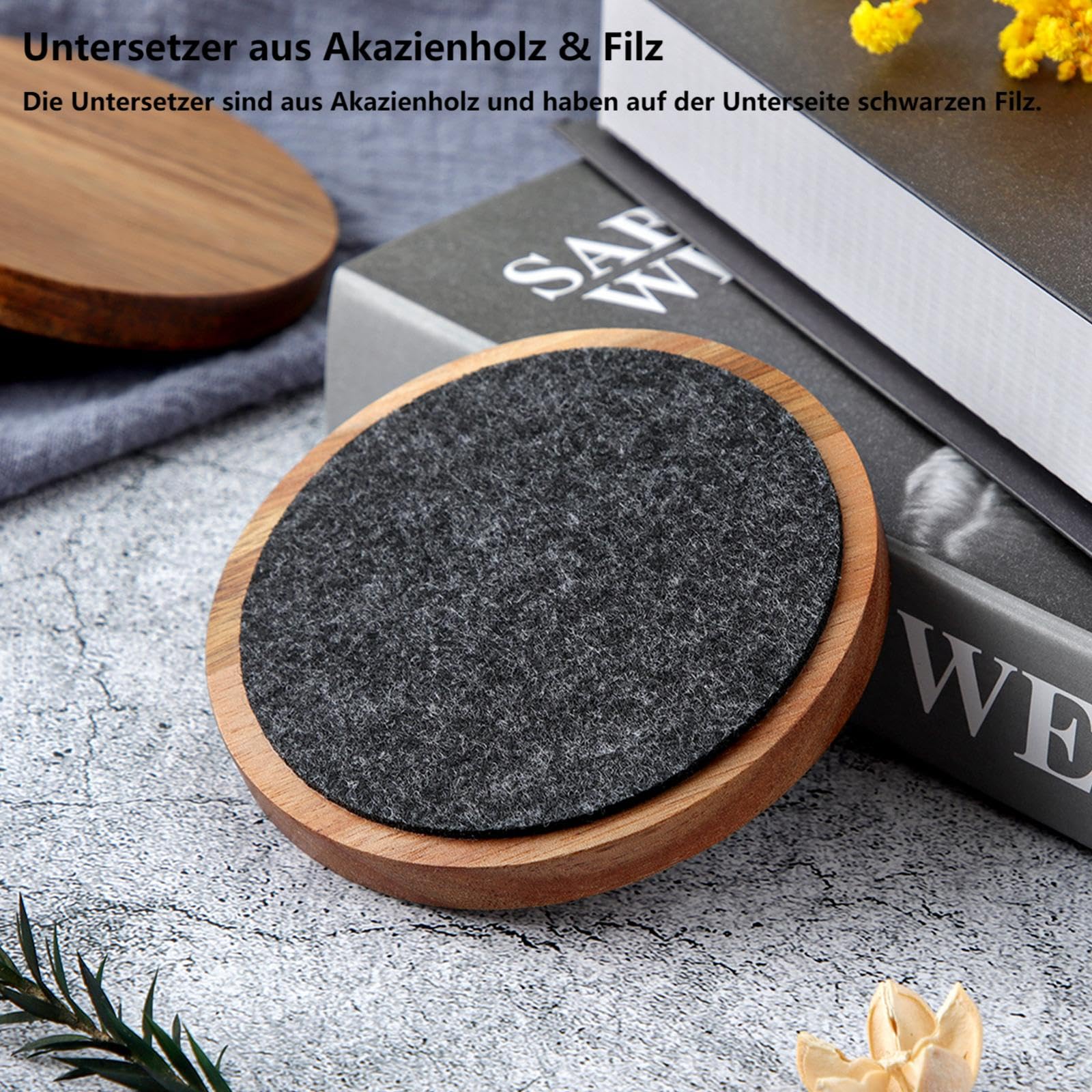 WLWNWFT Onderzetters voor glazen, houten 6-delig set, onderzetters van acaciahout & vilt met houder, ronde houten onderzetters voor drankjes, bar, kopjes, glas