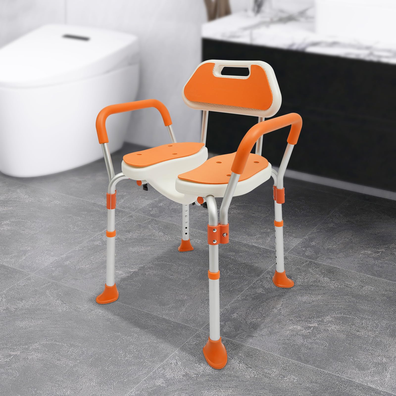 Silla de ducha con respaldo de 48 cm, soporte para ducha, reposabrazos y pies antideslizantes, máx. 125 kg, altura regulable 39-49 cm, taburete de ducha de aleación de aluminio y EVA, taburete de baño