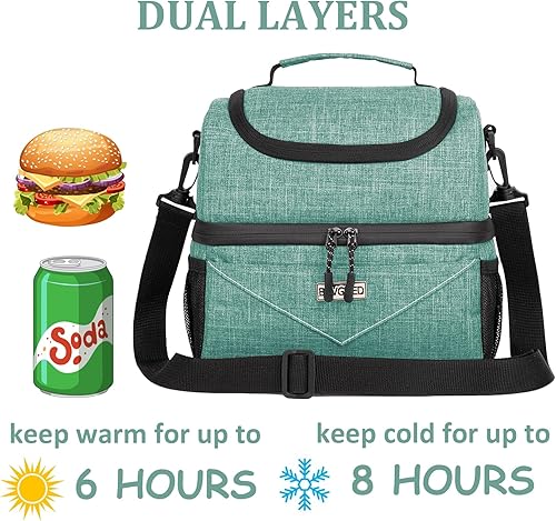 Miniatura 3 de BAVGRED Bolsa de almuerzo de doble compartimento de 10.3L para mujer, bolsa térmica de almuerzo aislada, bolsa de mano a prueba de fugas con correa