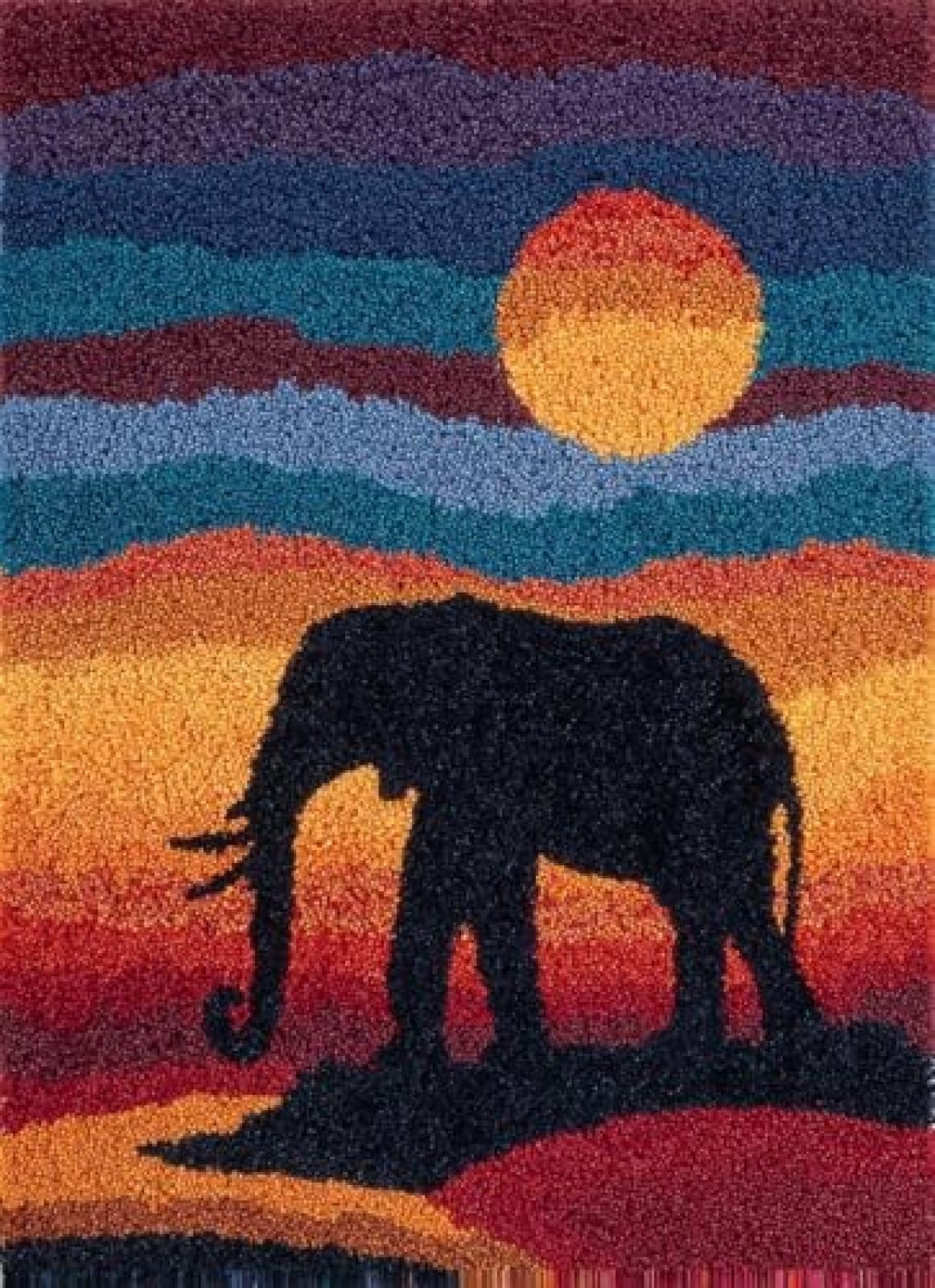 XDEGHUANGSS Latch Hook Rug Kit Elephant and Sunset Background with Pre-Printed Mat Cover DIY Cushion Crochet Yarn Hooking Craft Set for Floor Decor 38x52cm