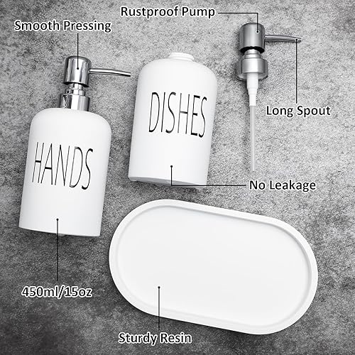 Miniatura 5 de Dispensador de jabón para manos y platos con bandeja, juegos de resina blanca de 15 onzas para baño y cocina, 15.2 fl oz contiene dispensadores de