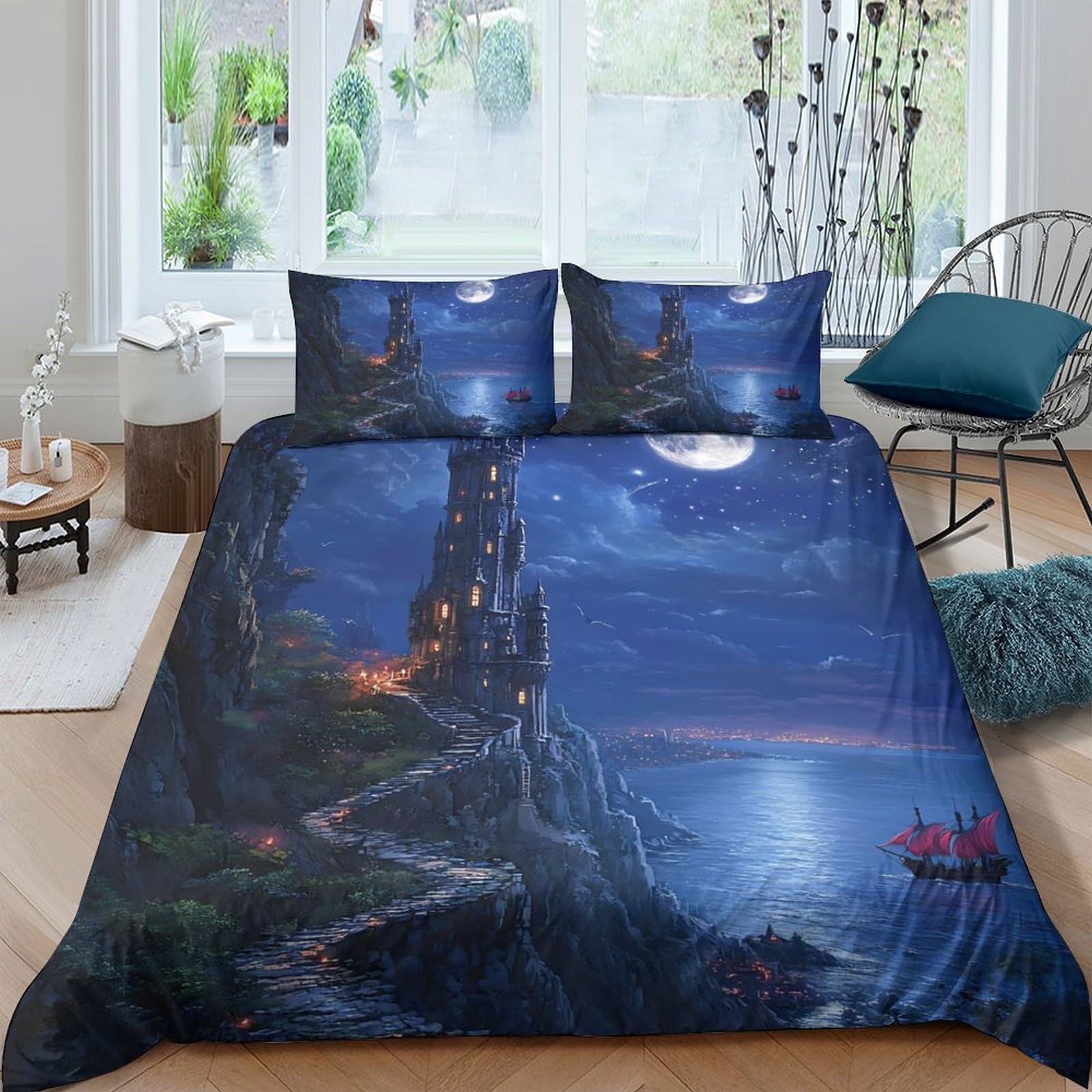 Ctjqhvkz Style-4 3D Printed Moonlight Castle Fitted Sheet Microfiber Soft Blue Night Landscape Mattress Cover Bedroom Decor Single（135X200cm）