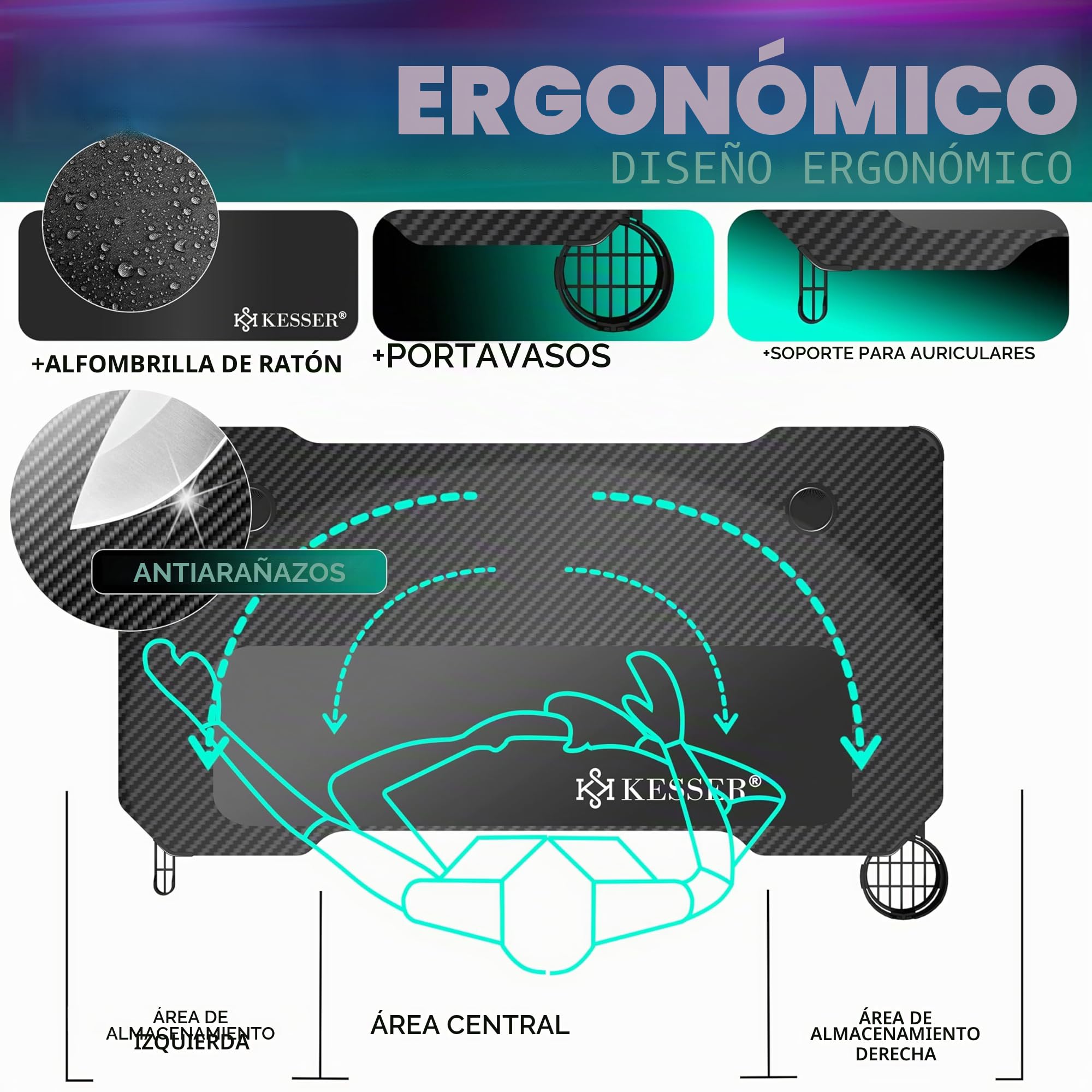 KESSER® Mesa Gaming | 120 x 60 cm | Incl. LED | Escritorio para Gamer en Forma de Z | Soporte para Auriculares | Mesa ergonómica para Ordenador | Incl. Alfombrilla de ratón y Soporte