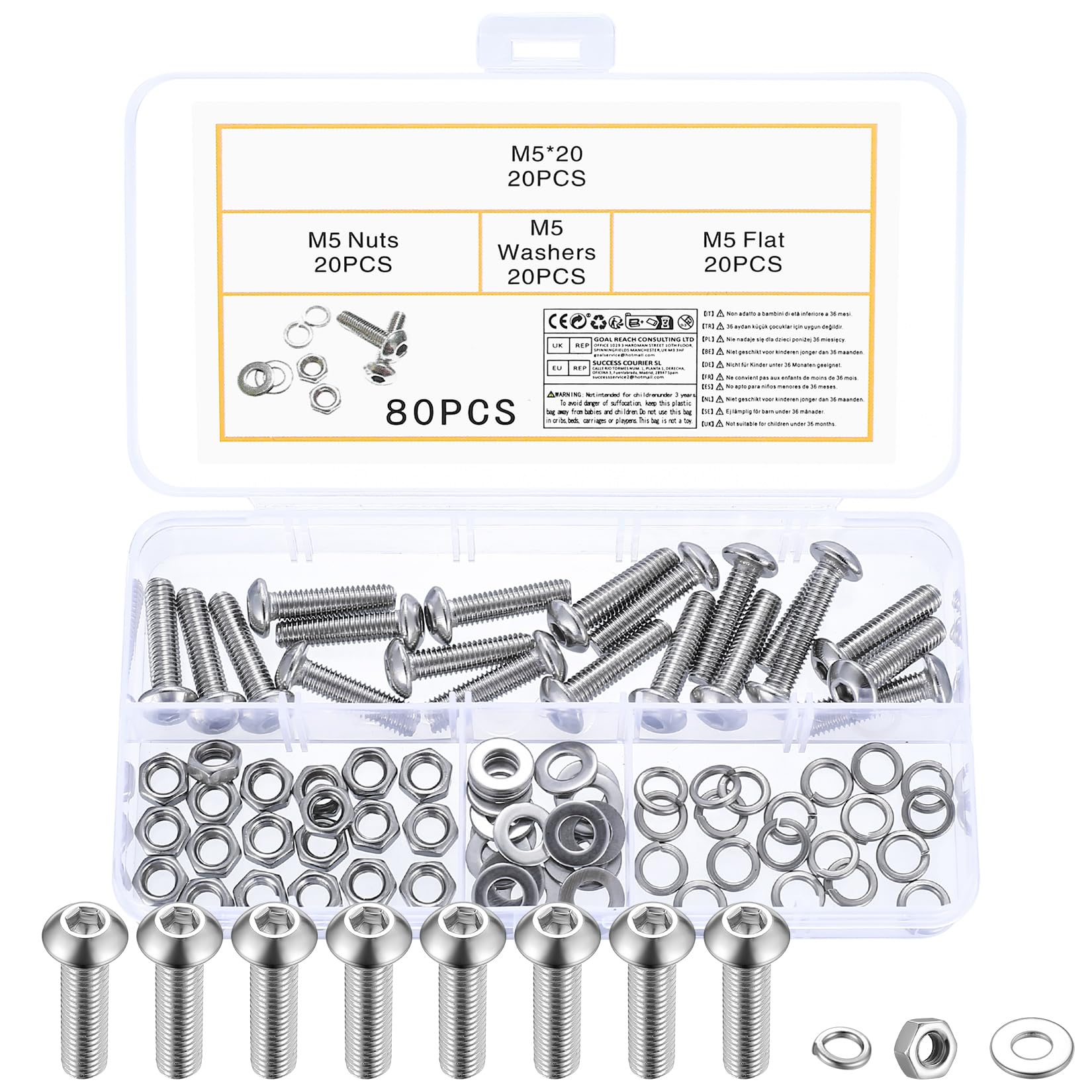 80 Pz Set di Viti M5 x 20mm, Bulloni e Dadi, Bulloni a Testa Bombata con Esagono Incassato, Viti a Testa Cilindrica con Esagono Incassato in Acciaio Inox e Dadi con Rondelle, Vite a Brugola