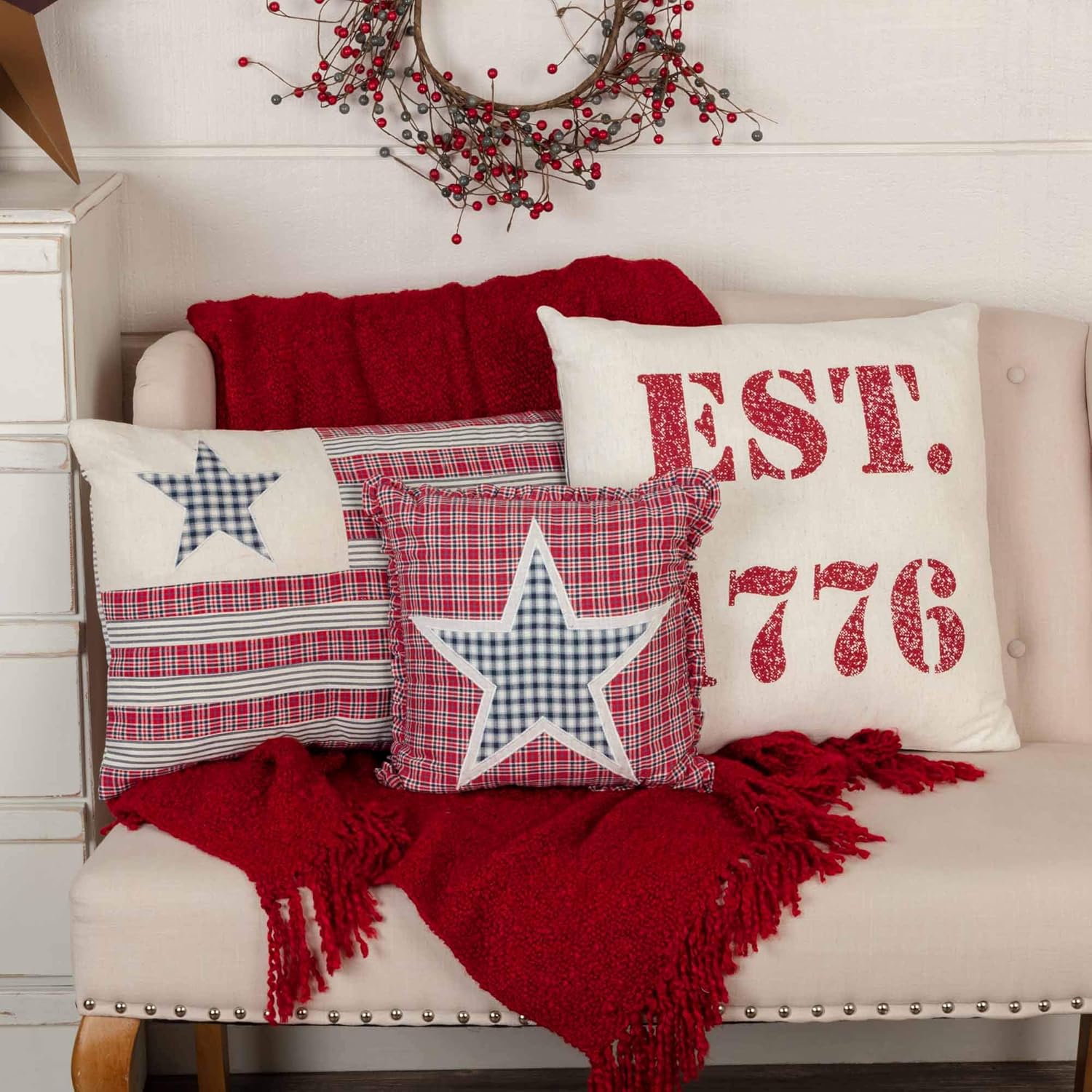 VHC Brands Hatteras Americana 12"x12" Star Pillow Red Appliqued Flax Cotton Square Bedroom Decor