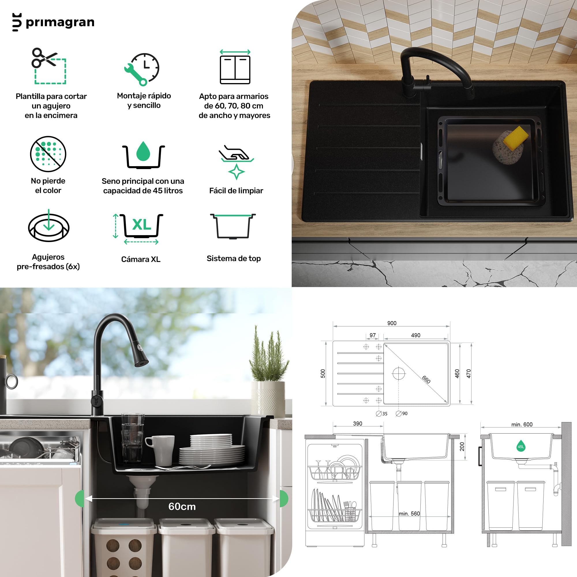 PRIMAGRAN Fregadero Granito Todo Negro 90x50cm, Cocina 1 Seno + Grifo 40x38cm + Juego de accesorios, Sobre Encimera al Mueble 60cm - Copenhague Top S714