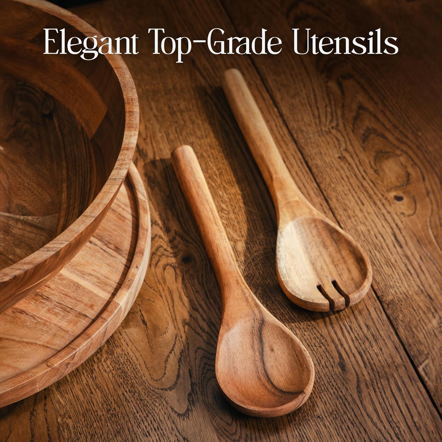 Public House Large Wooden Salad Bowl Set 12.5 Inch with Serving Utensils, Tray Lid and Carry Strap. Acacia Wood Large Salad Bowls Ideal for Fruits and Dishes, Wooden Bowls for Food, Serving Bowl - Image 7