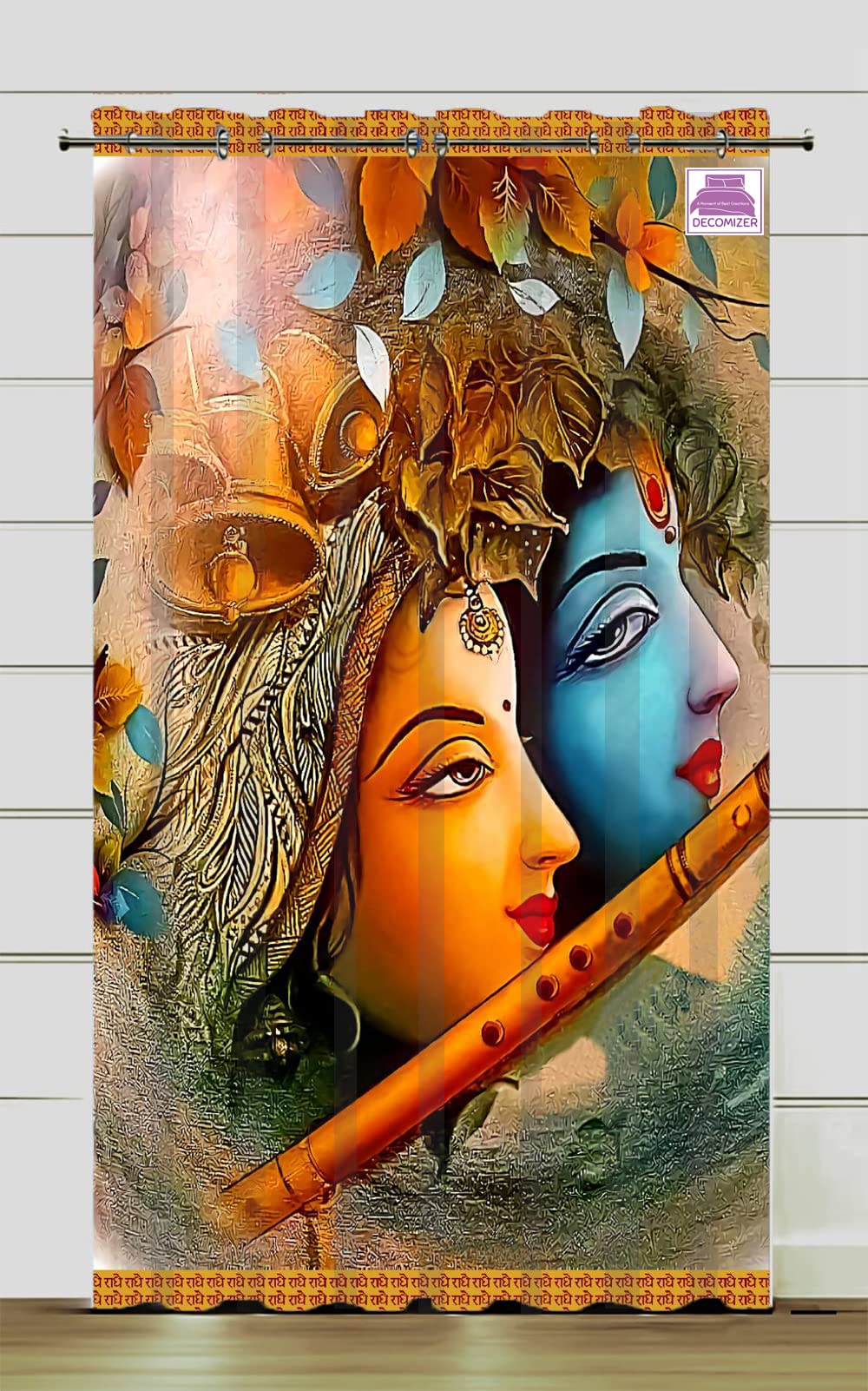 DECOMIZER Opaque 7Ft Door Curtain|3D God Radhey Krishan Digital Printed Home Furnishing Polyresin Curtain for Indian Festival|4 x 7 Feet, Set of 1, Grommet, Multicolor
