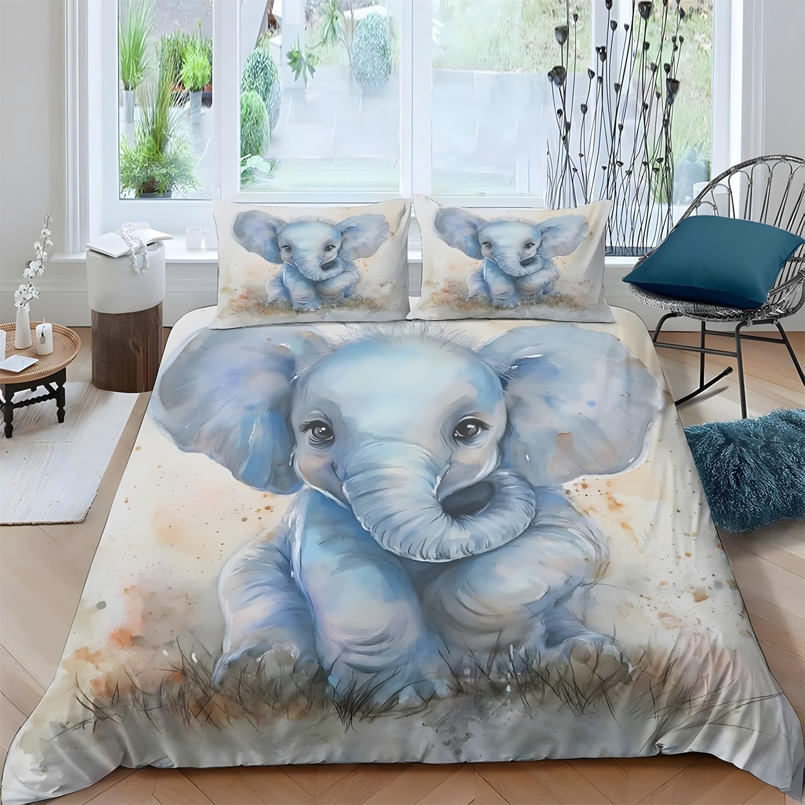 Ypthriline Single Duvet Cover Set Elephants Bedding Set Microfiber Light Blue Duvet Covers with Pillowcases Reversible Bedding With Zipper Closure 135x200CM