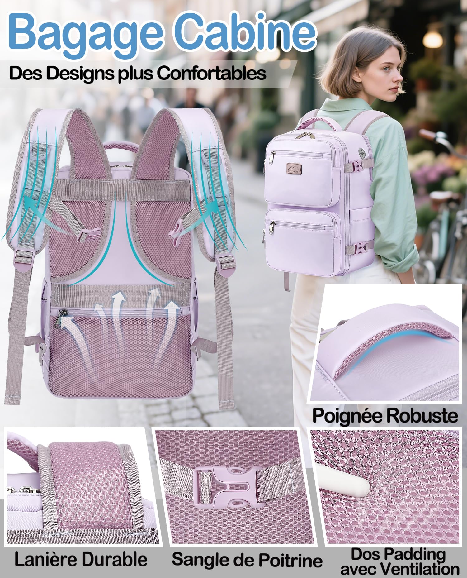 Sac a Dos Voyage Cabine Avion 45x36x20 pour easyjet Bagage Cabine Sac à Dos Voyage 30 L Bagage à Main pour Femme Homme Ordinateur Portable 15.6 Pouces(Violet Clair,M)
