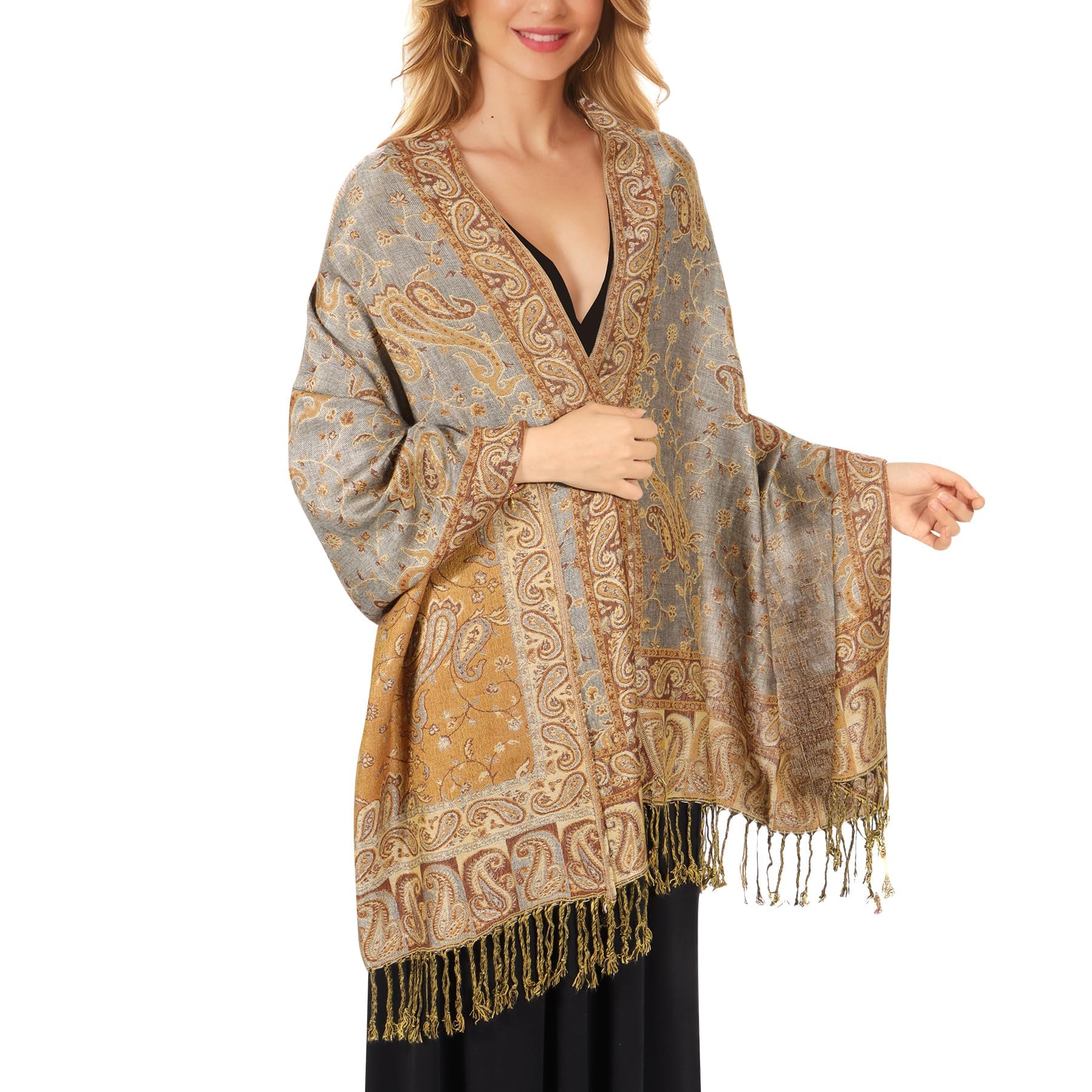 Lamca Sciarpa pashmina da donna, morbida e setosa, reversibile, motivo cachemire, scialle da donna, Beige-07, Etichettalia unica