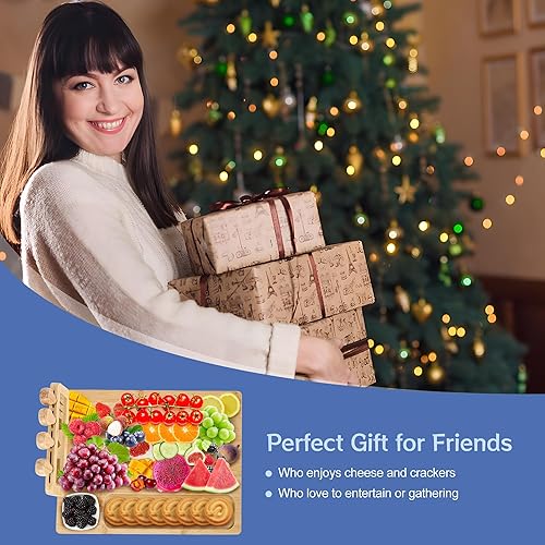 Miniatura 6 de Juego de tabla de queso de bambú y cuchillos, juego de tablas grandes de charcutería de 14 x 11 pulgadas, bandeja de queso con soporte para