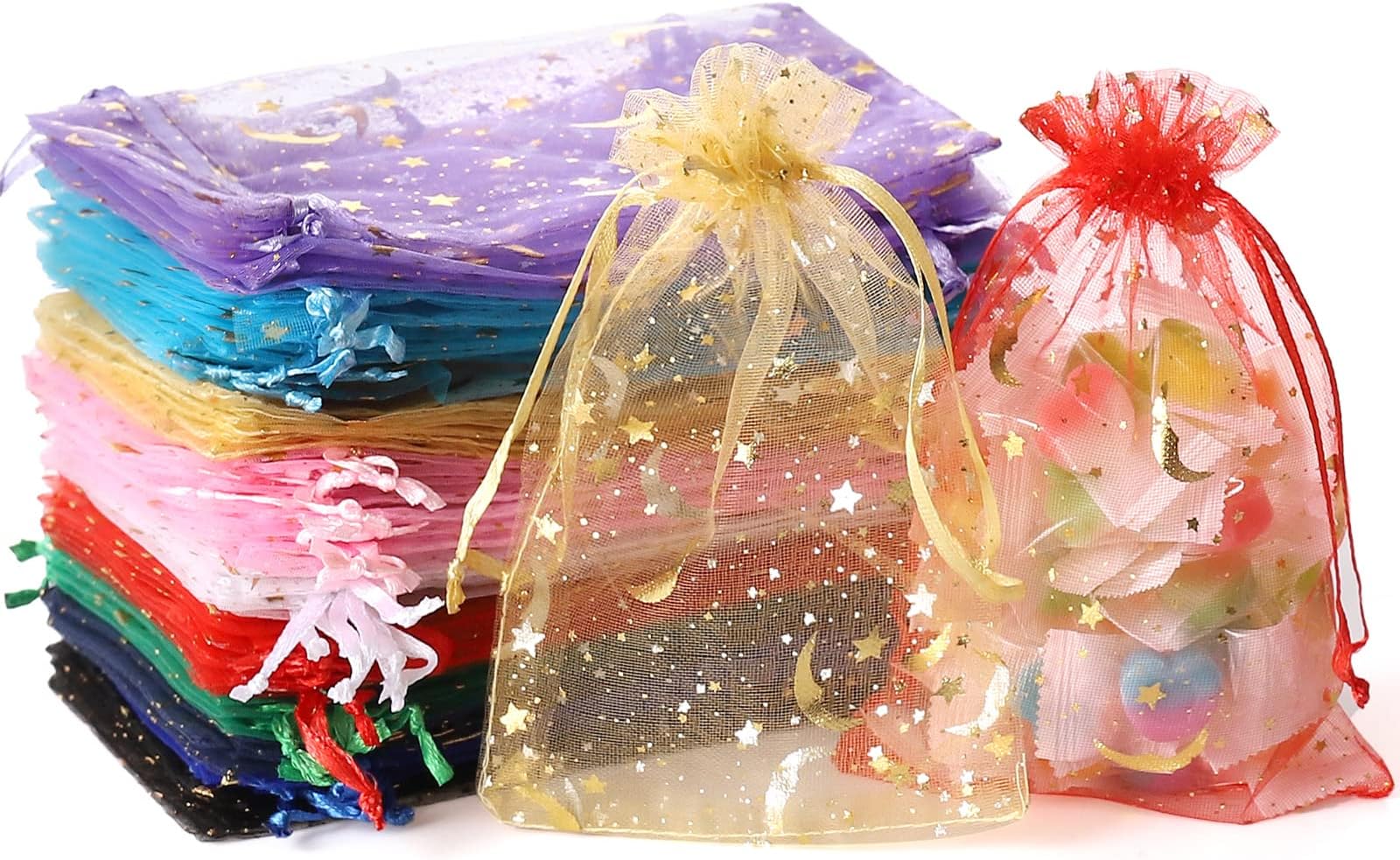 100PCS Moon Star Organza Bags, 4x6" Wedding Favors Bags with Drawstring, Mixed Color Little Mesh Gift Pouches Candy Organza Gift Bags for Party, Jewelry, Christmas, Mother's Day, Festival, Eid Mubarak Party Favor Bags